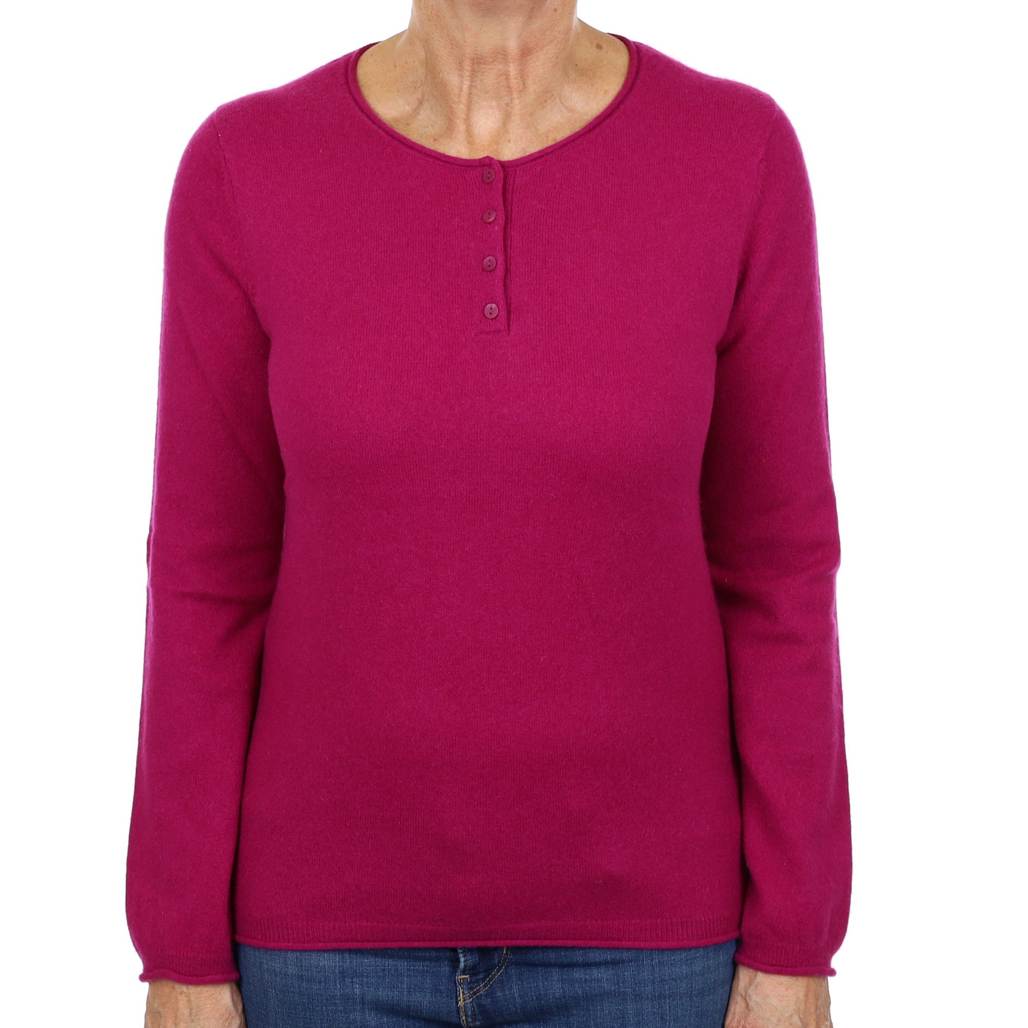 Magenta Pink Cashmere 3/4 Button Crew Neck Jumper Medium