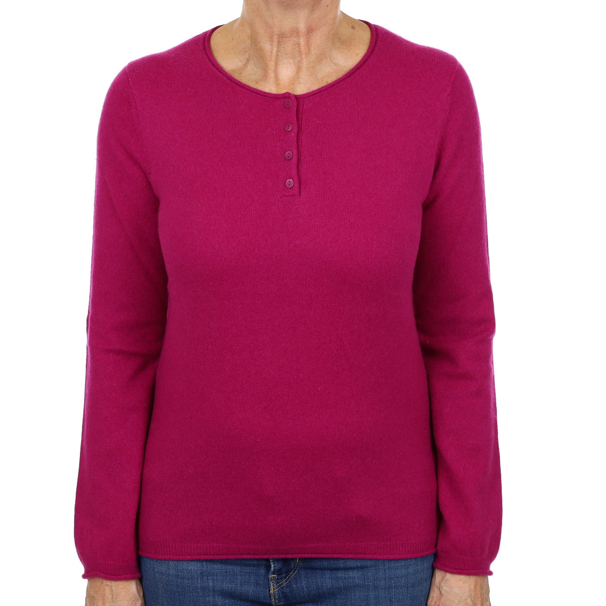 Magenta Pink Cashmere 3/4 Button Crew Neck Jumper Medium