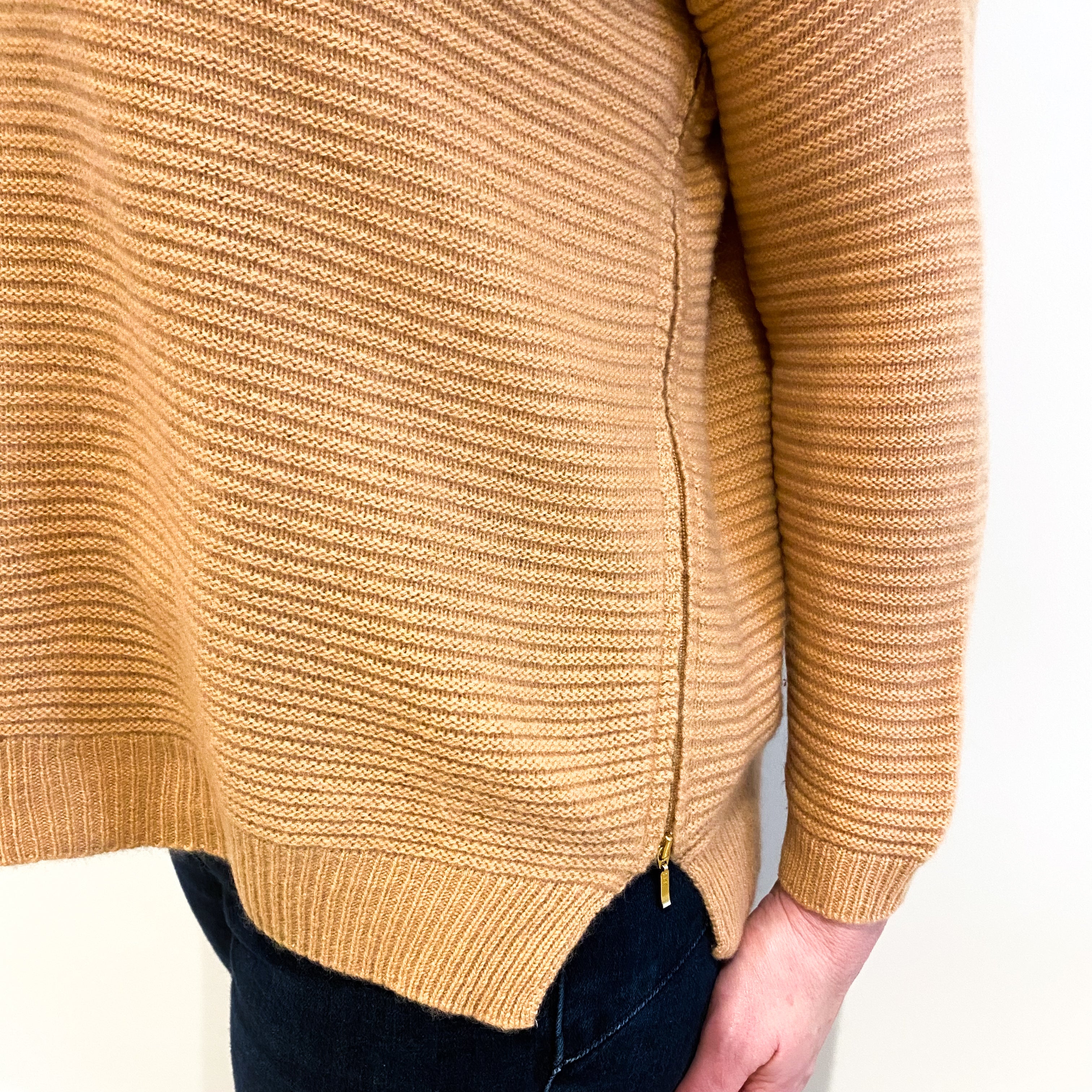 Caramel Brown Cashmere Zip Up Crew Neck Jumper Large