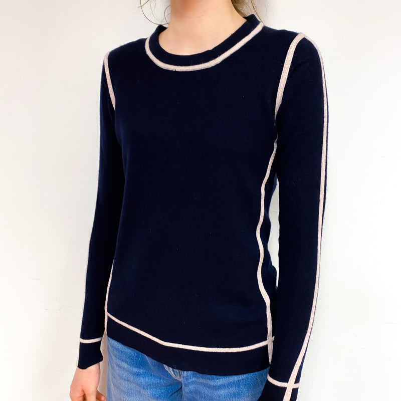 Navy Nude Pink Trim Cashmere Crew Neck Jumper Extra Small