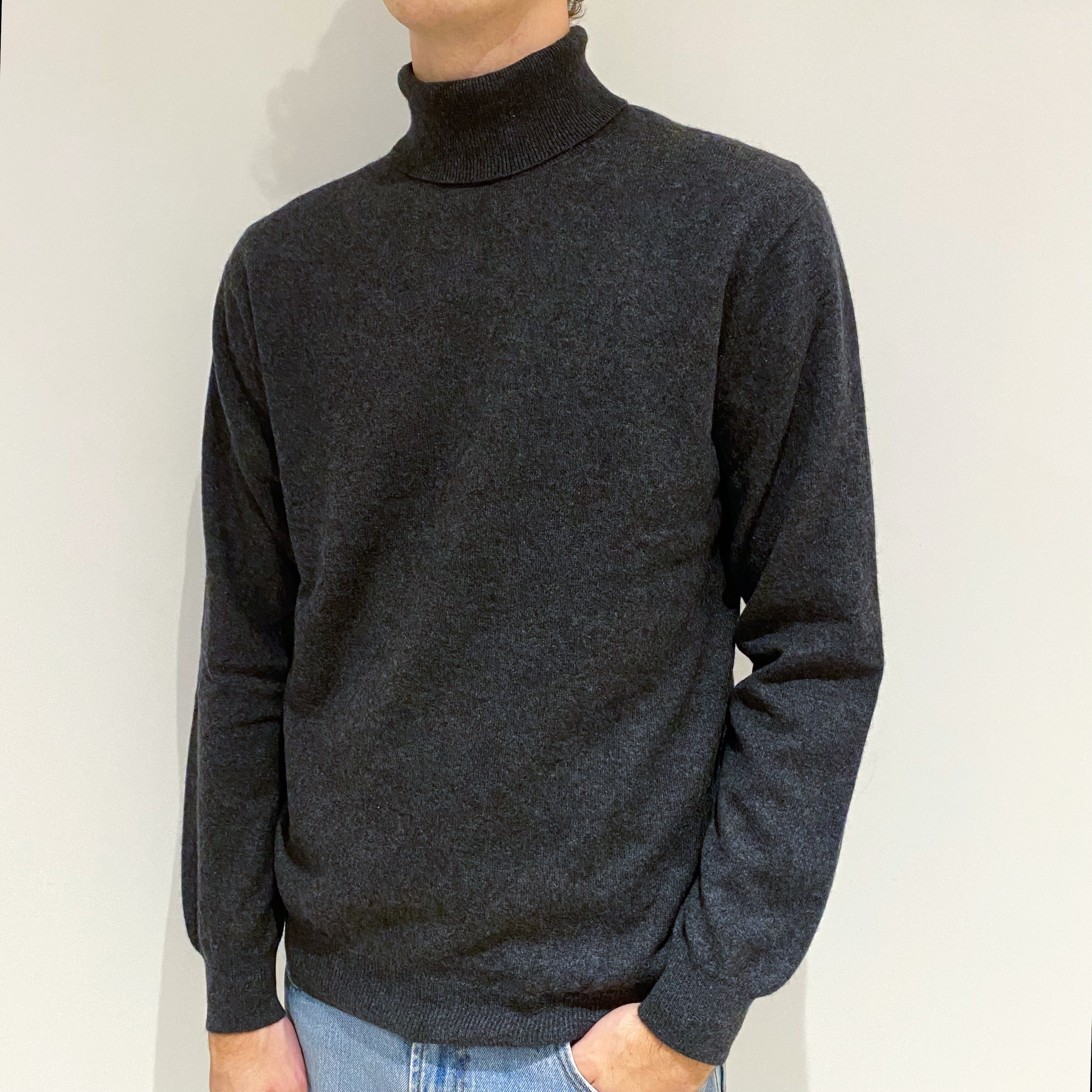 Men's Charcoal Grey Cashmere Polo Neck Jumper Large