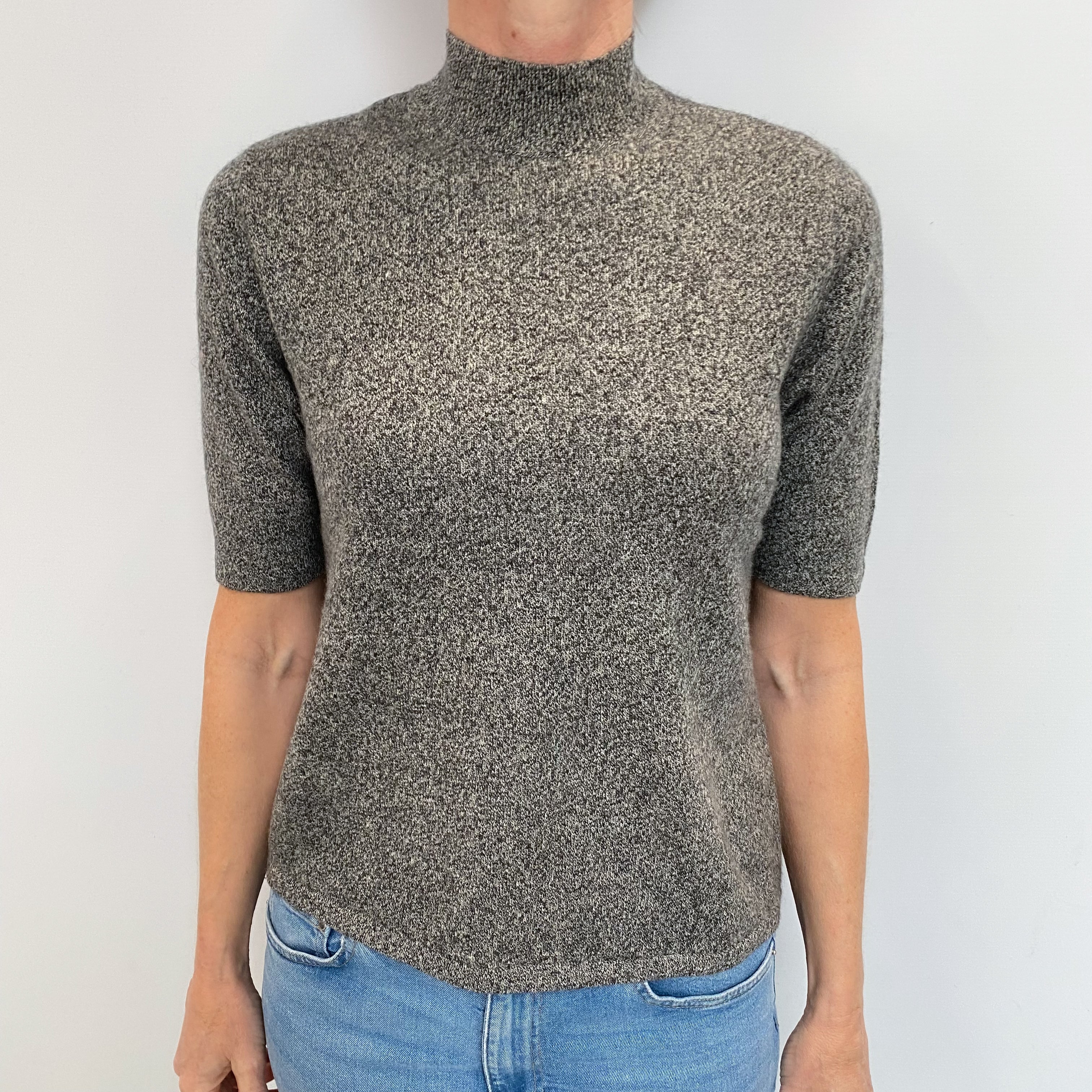 Grey Marl Cashmere Short Sleeved Turtle Neck Jumper Small