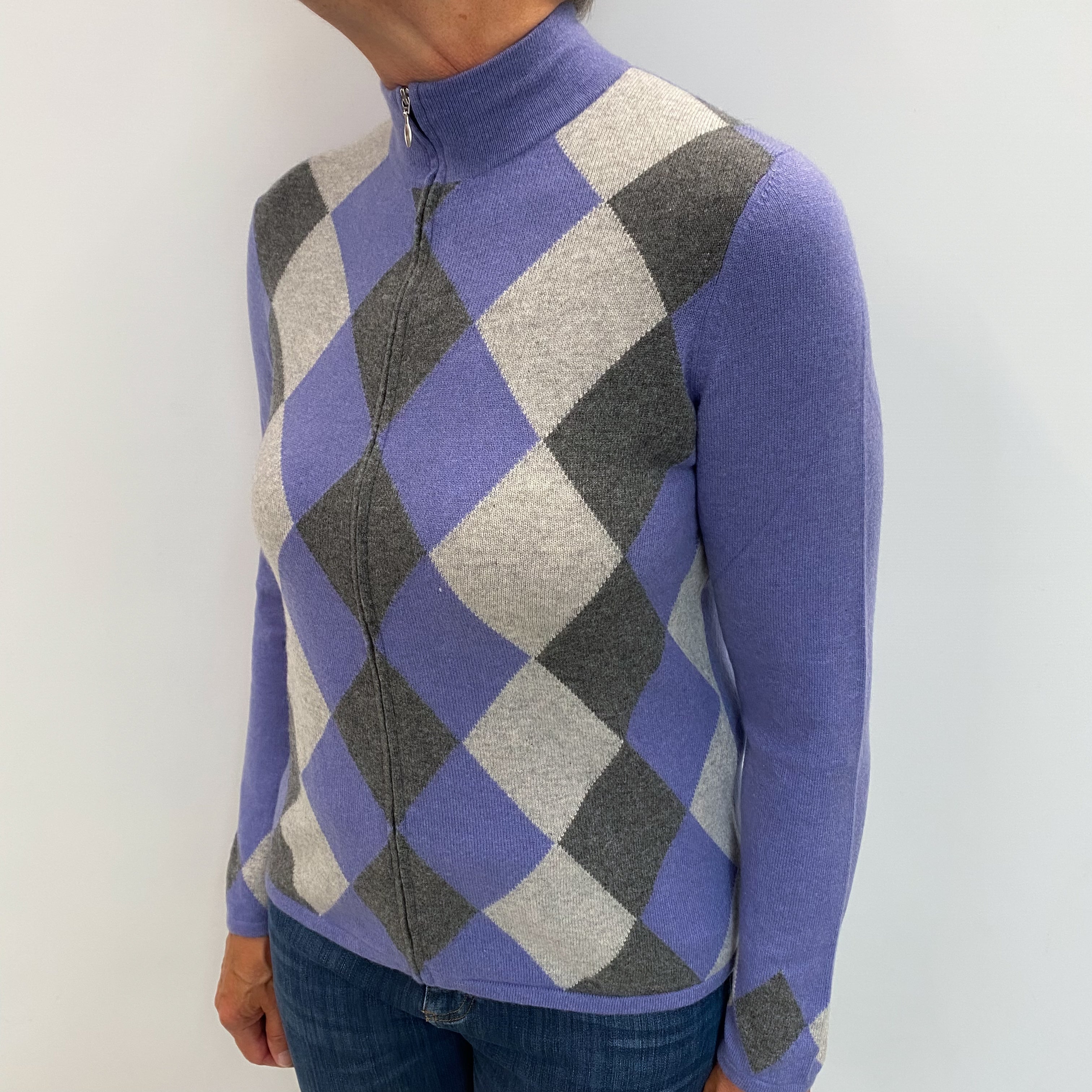 Lavender Purple Diamond Patterned Cashmere Zip Up Jumper Medium