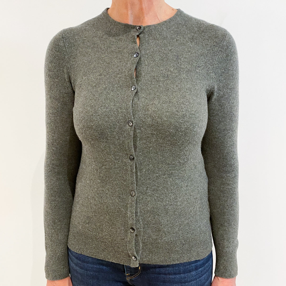 Deep Khaki Green Crew Neck Cashmere Cardigan Medium