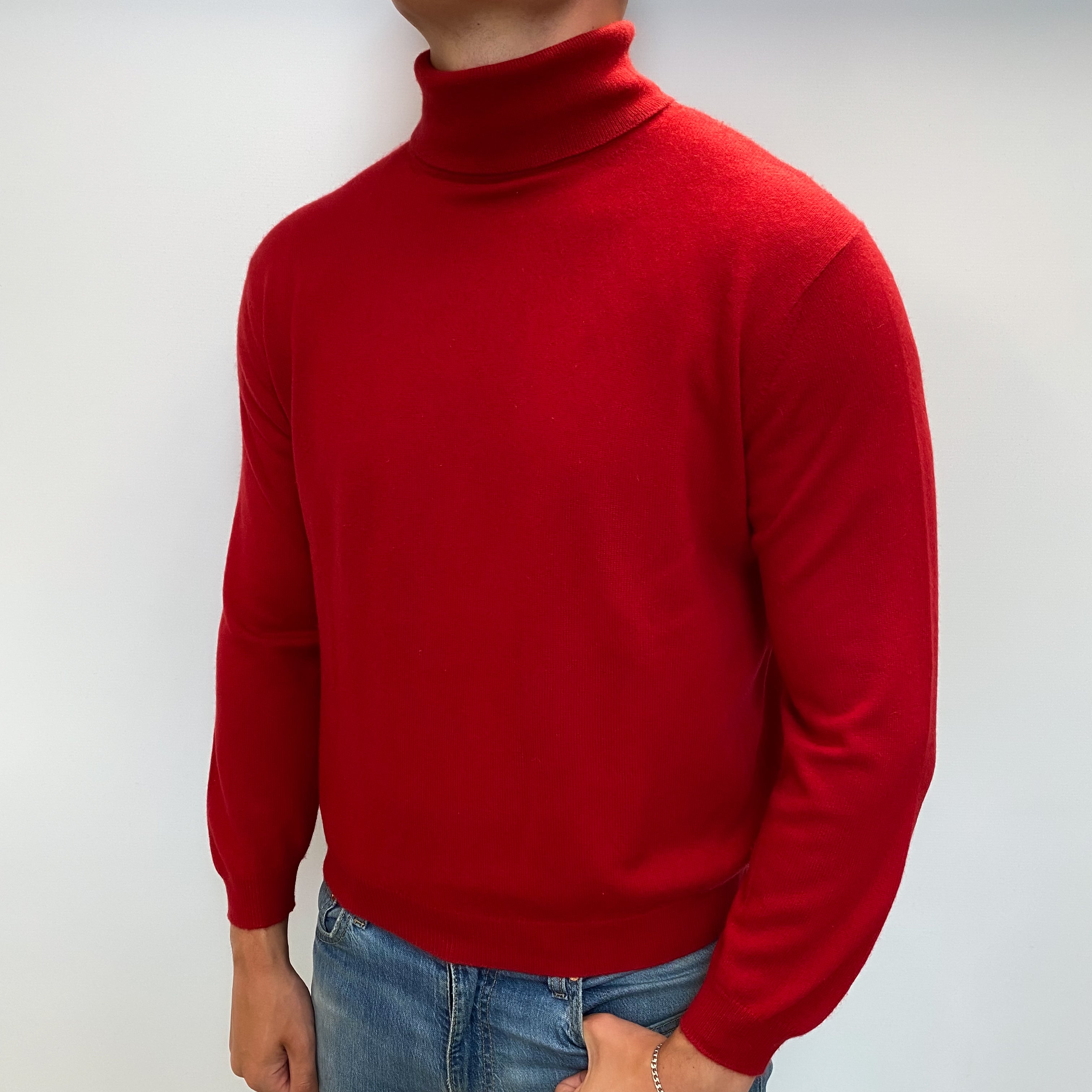 Men's Post Box Red Cashmere Polo Neck Jumper XL
