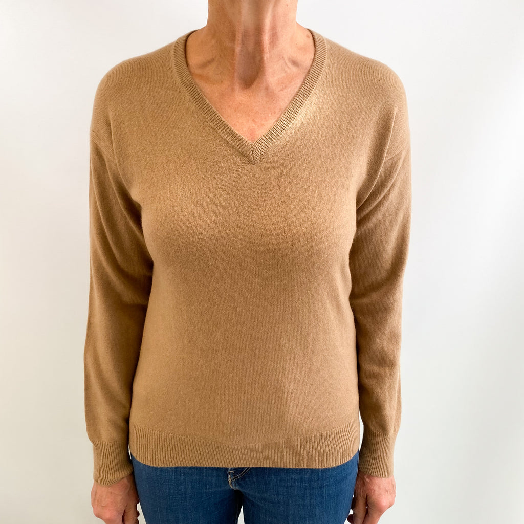 Camel Brown Cashmere V Neck Jumper Medium