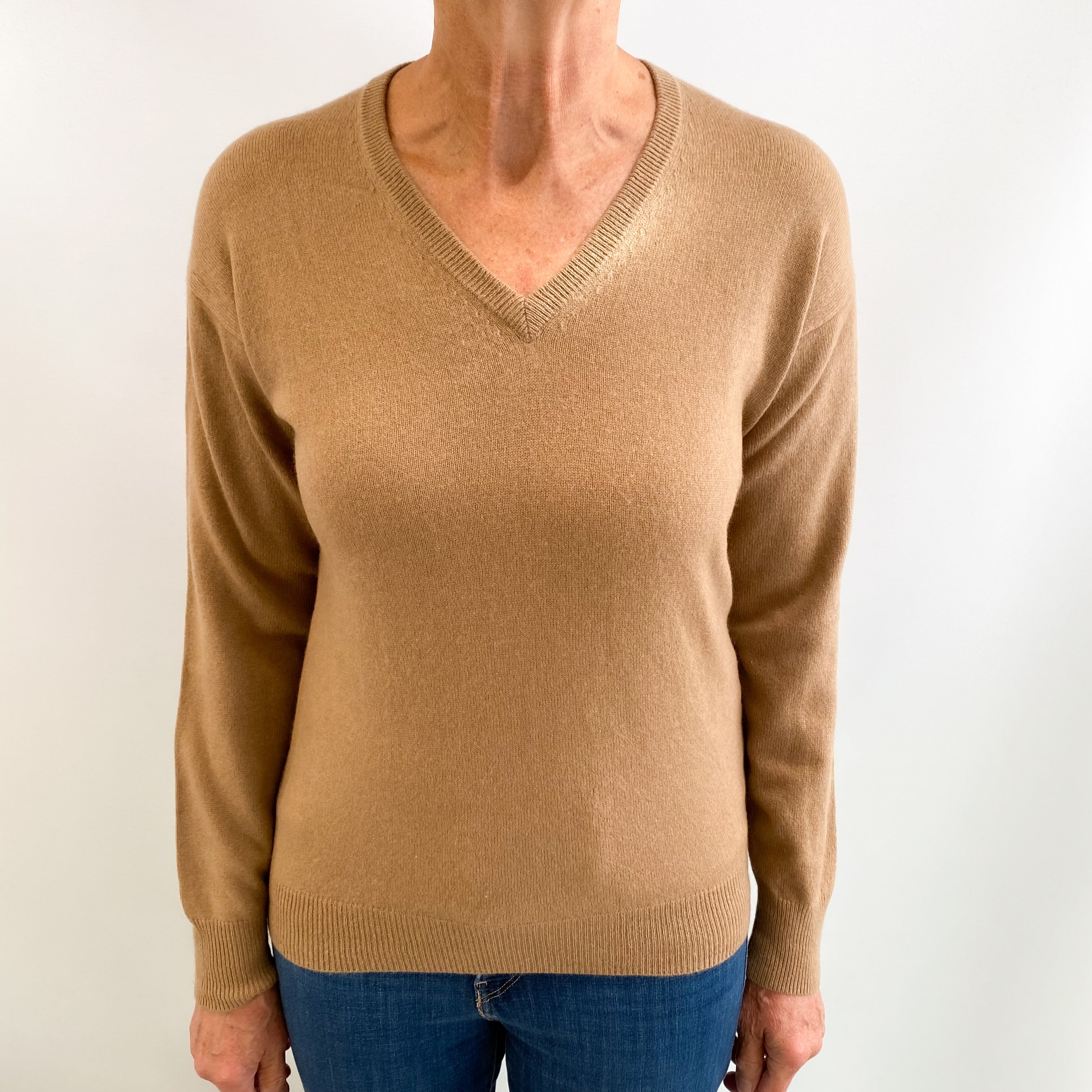 Camel Brown Cashmere V Neck Jumper Medium