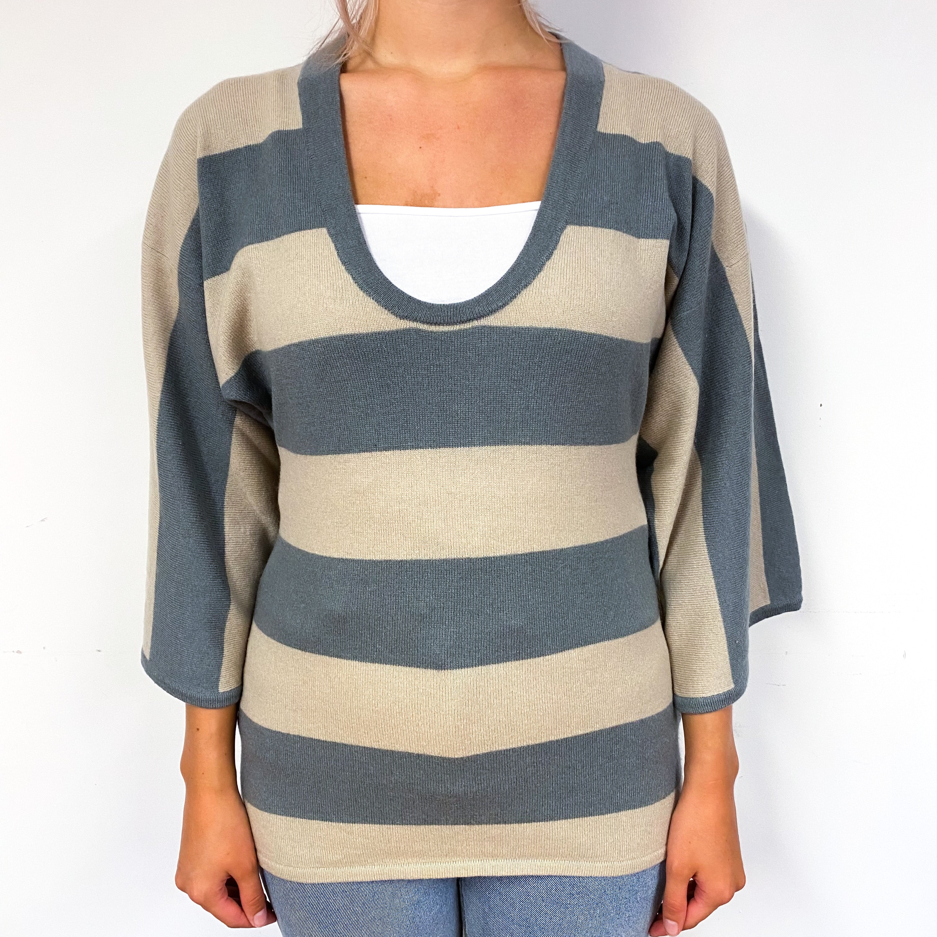 Grey Beige Striped Cashmere Crew Neck Jumper Small