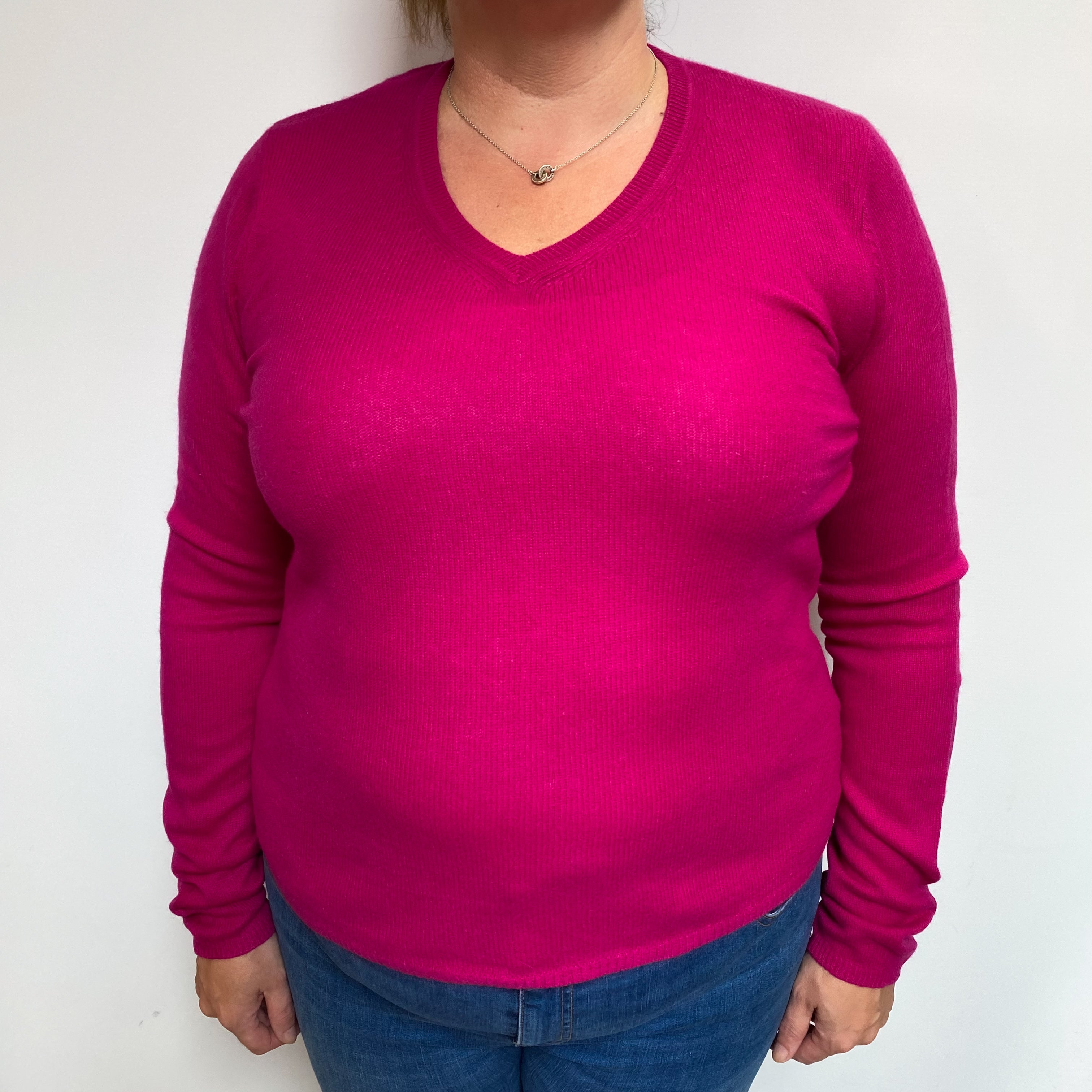 Fuchsia Pink Cashmere V Neck Jumper Extra Large