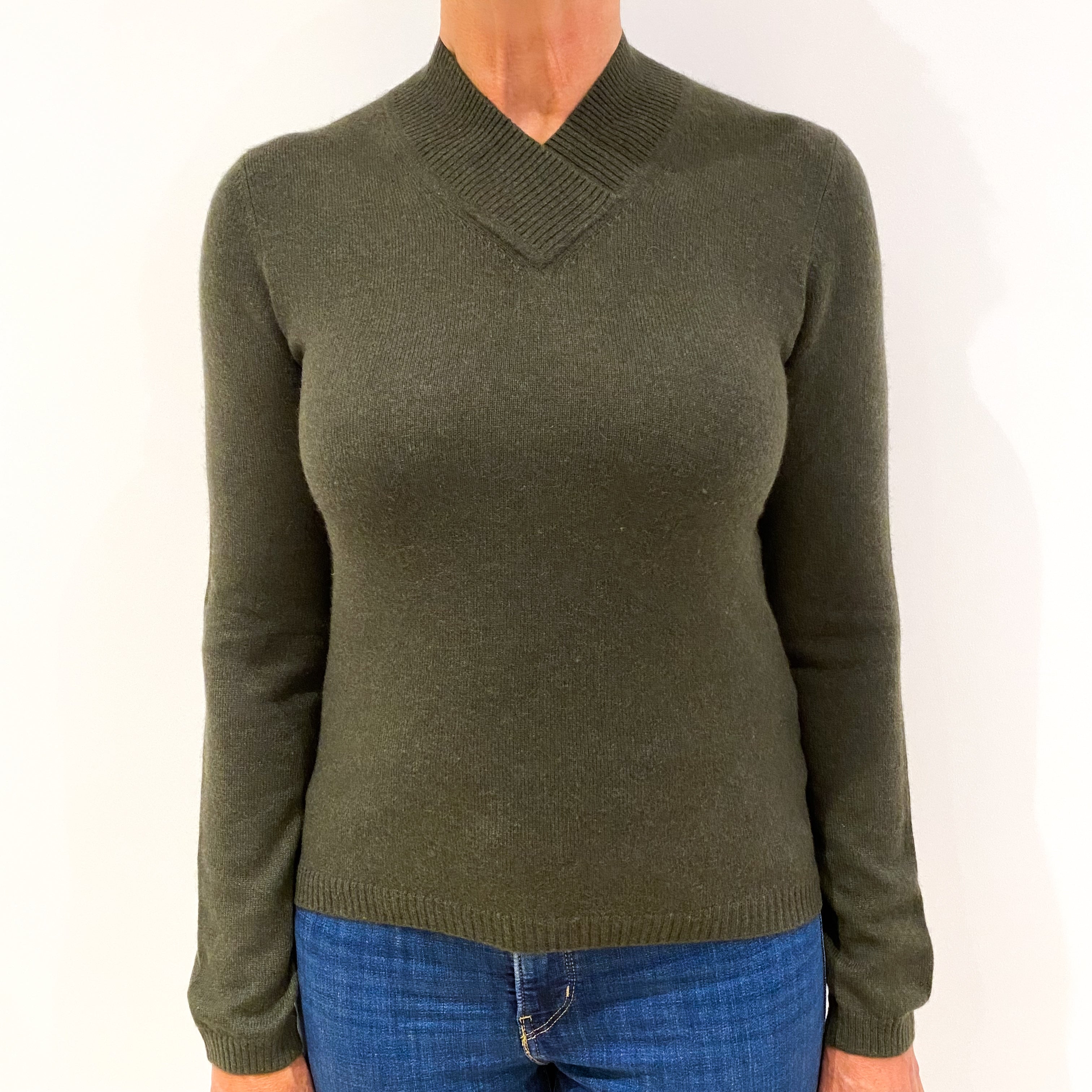Khaki Green Cashmere V-Neck Jumper Medium
