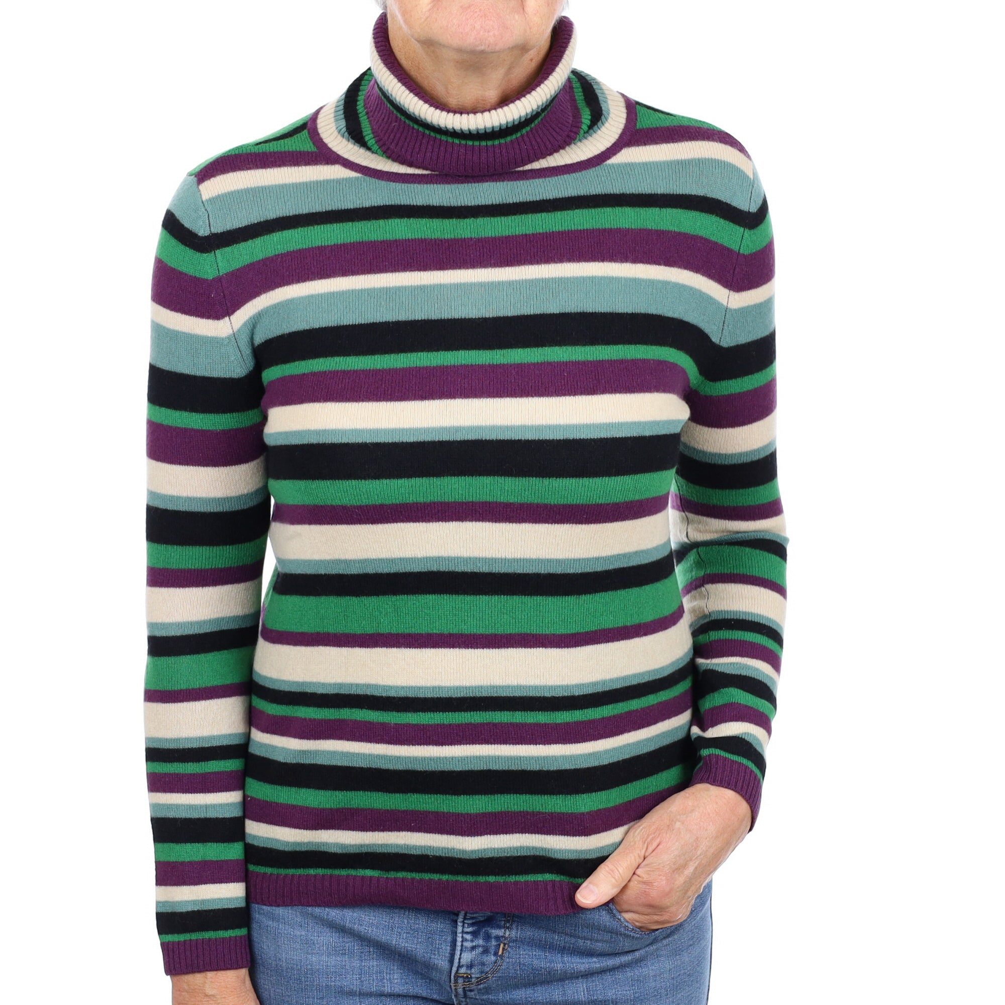 Purple and Green Striped Cashmere Polo Neck Jumper Medium