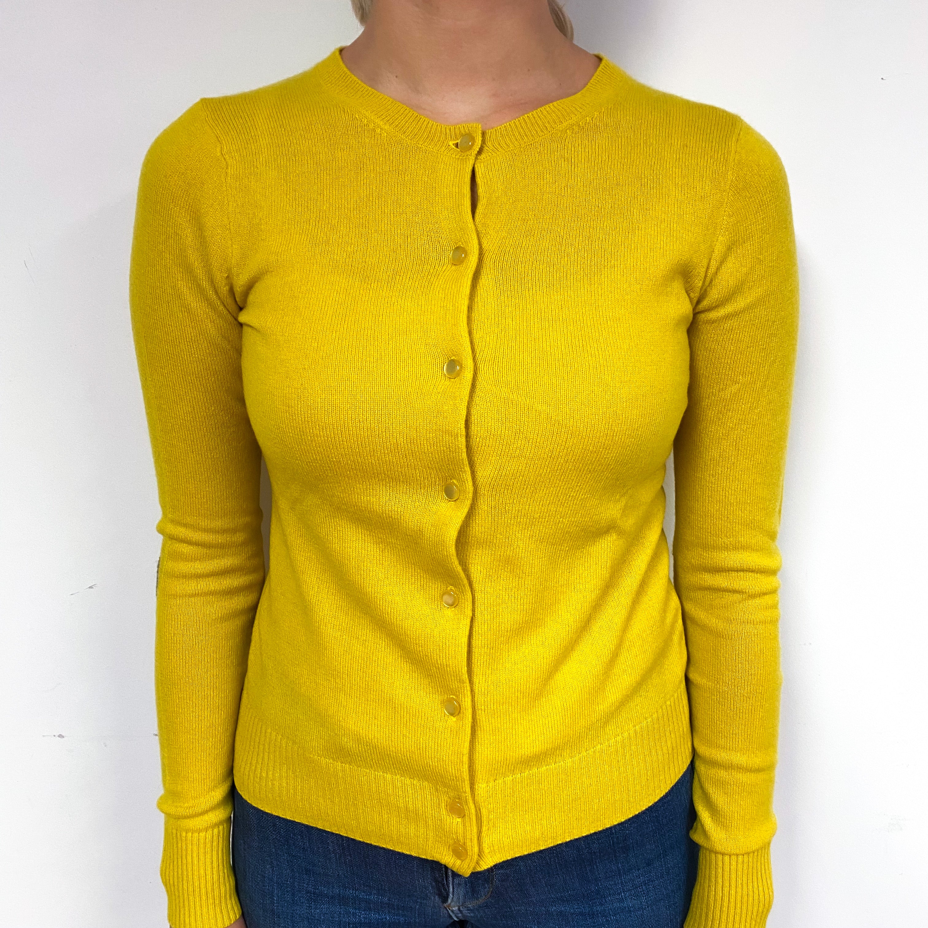 Sunflower Yellow Elbow Patch Cashmere Crew Neck Cardigan Small