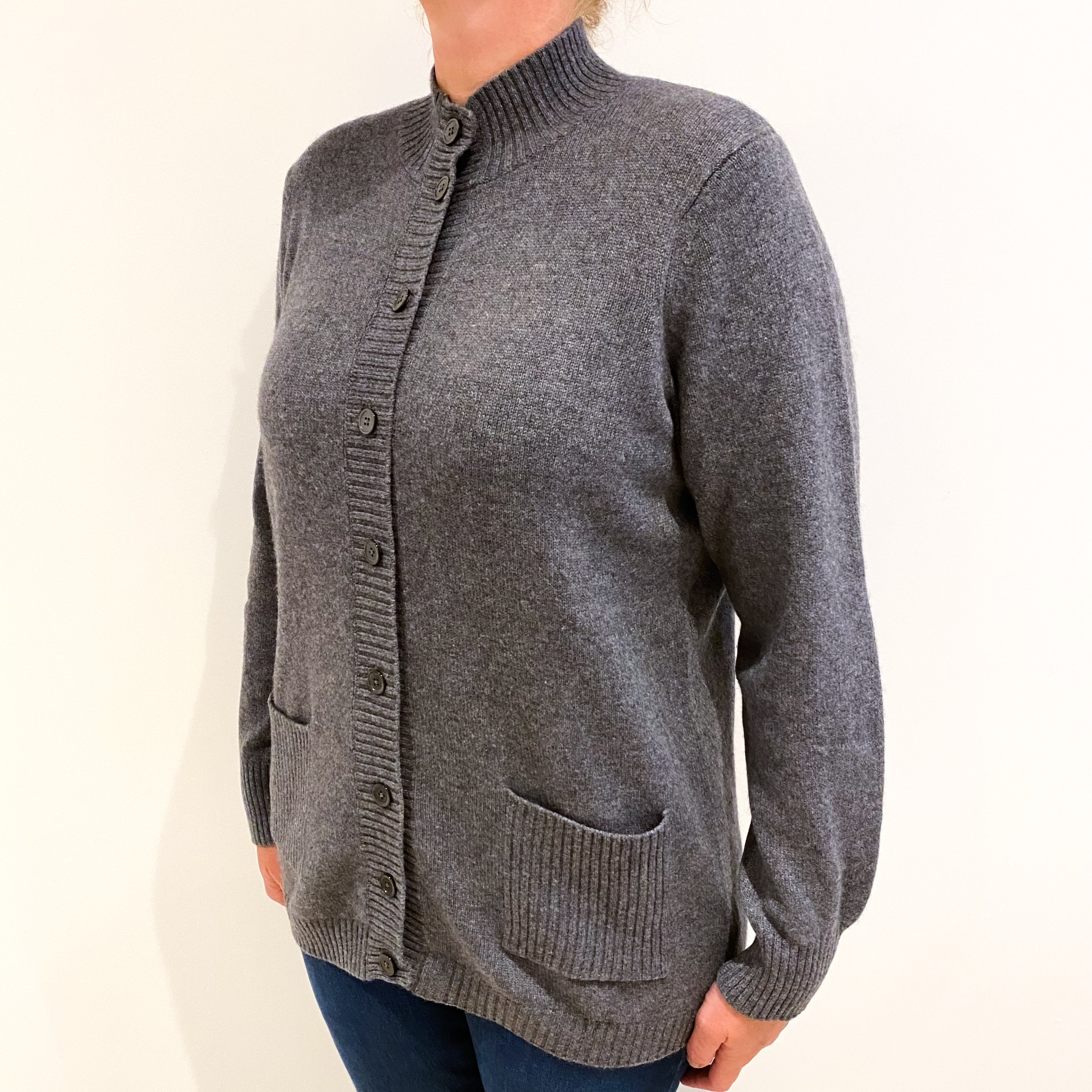 Orvis Slate Grey Heavy Knit Cashmere High Neck Cardigan Large