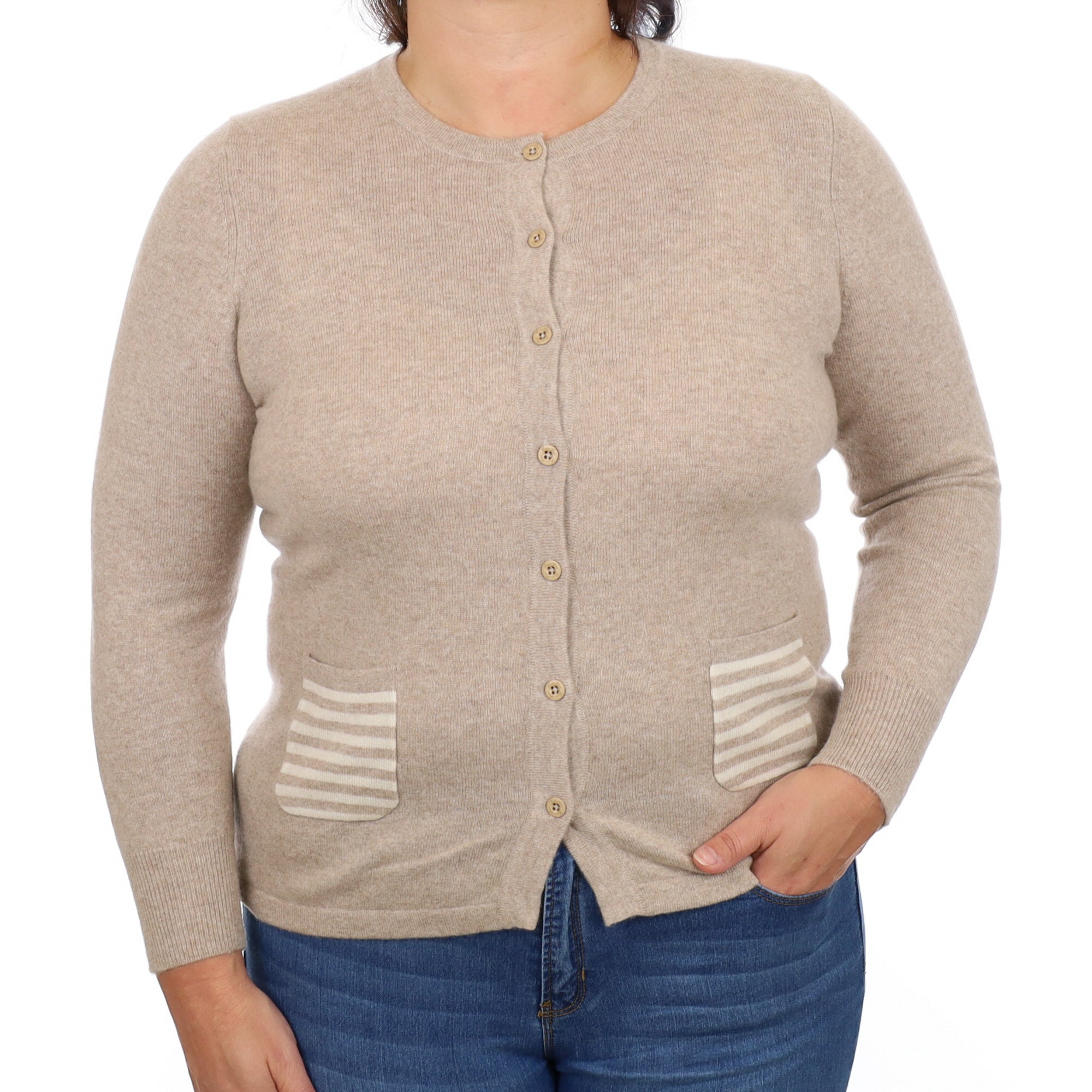 Fawn Beige Cashmere Crew Neck Cardigan Large