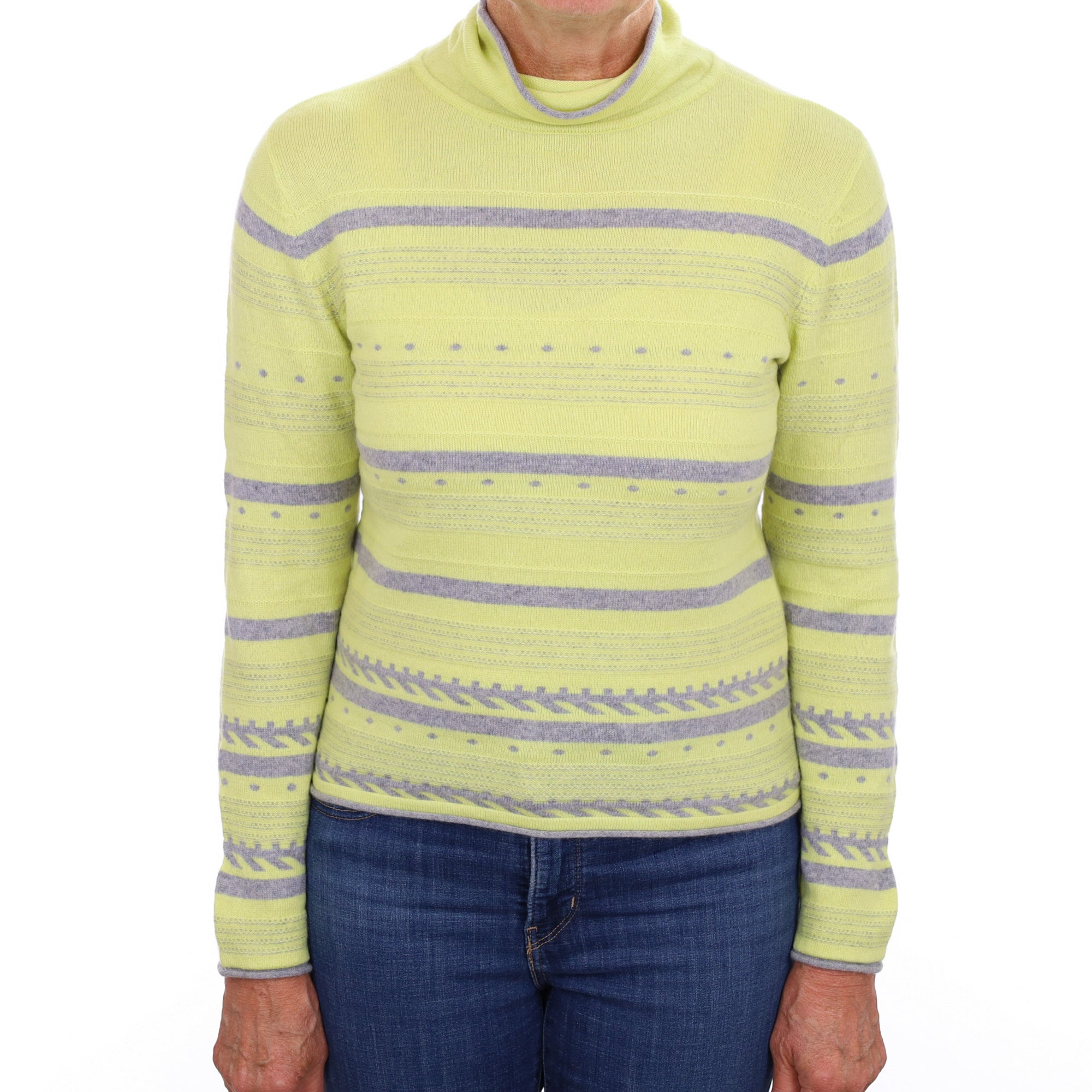 Key Lime Green and Grey Cashmere Funnel Neck Jumper Medium