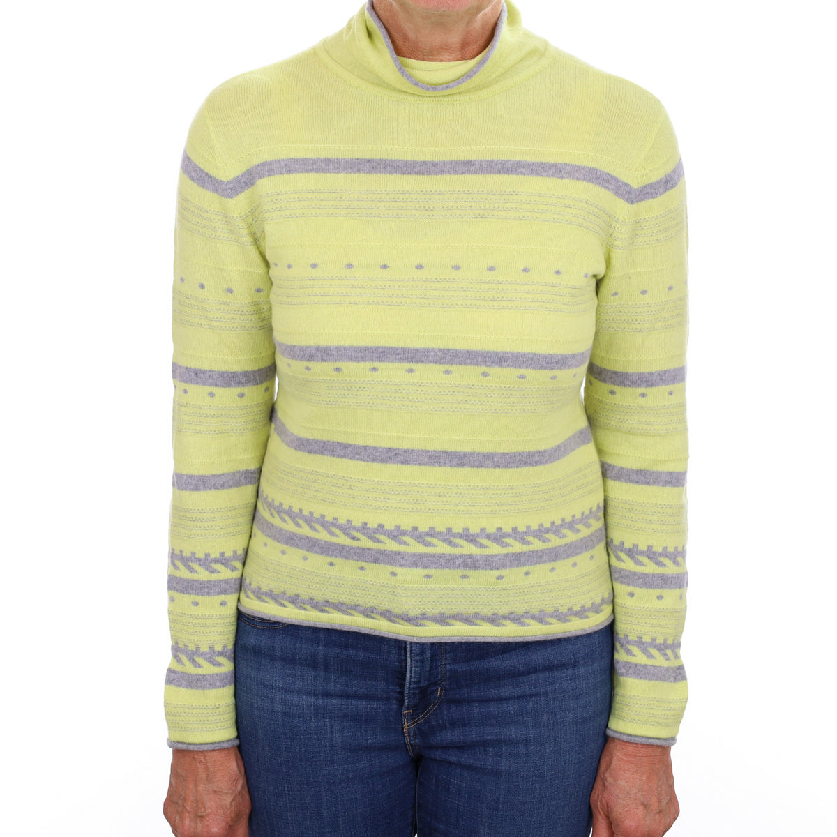 Key Lime Green and Grey Cashmere Funnel Neck Jumper Medium