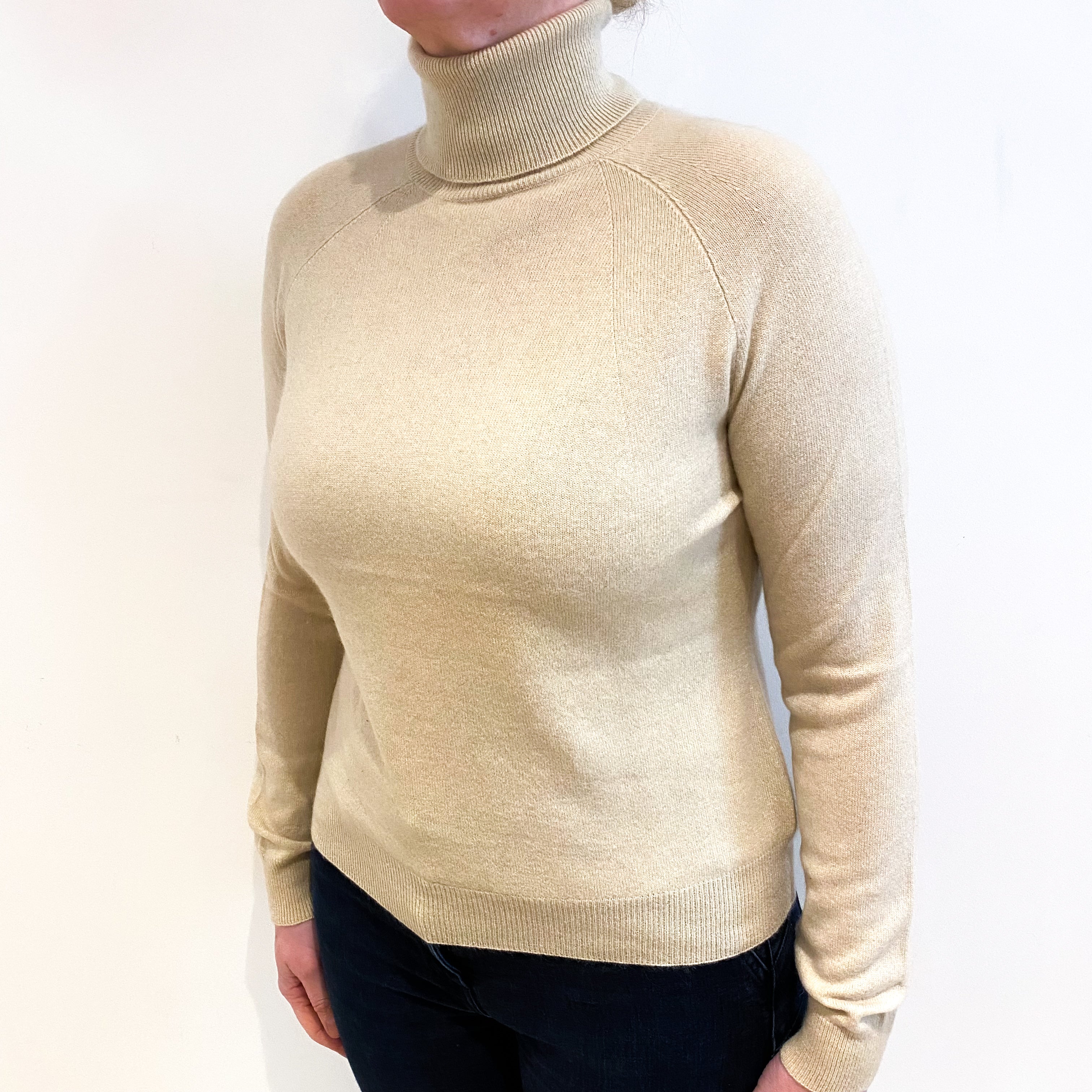 Soft Beige Cashmere Polo Neck Jumper Large