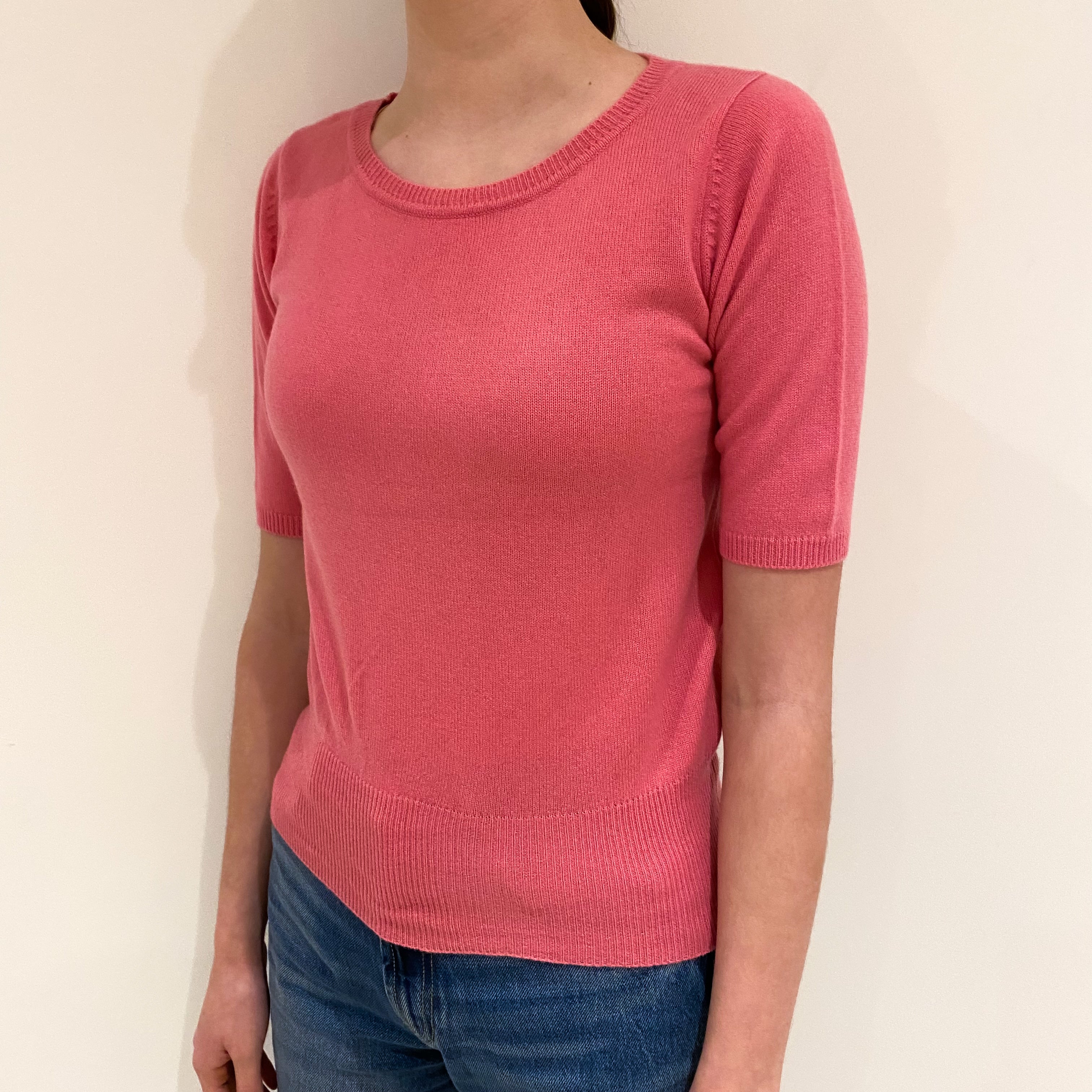 Bubblegum Pink Cashmere Short Sleeved Crew Neck Jumper Extra Small