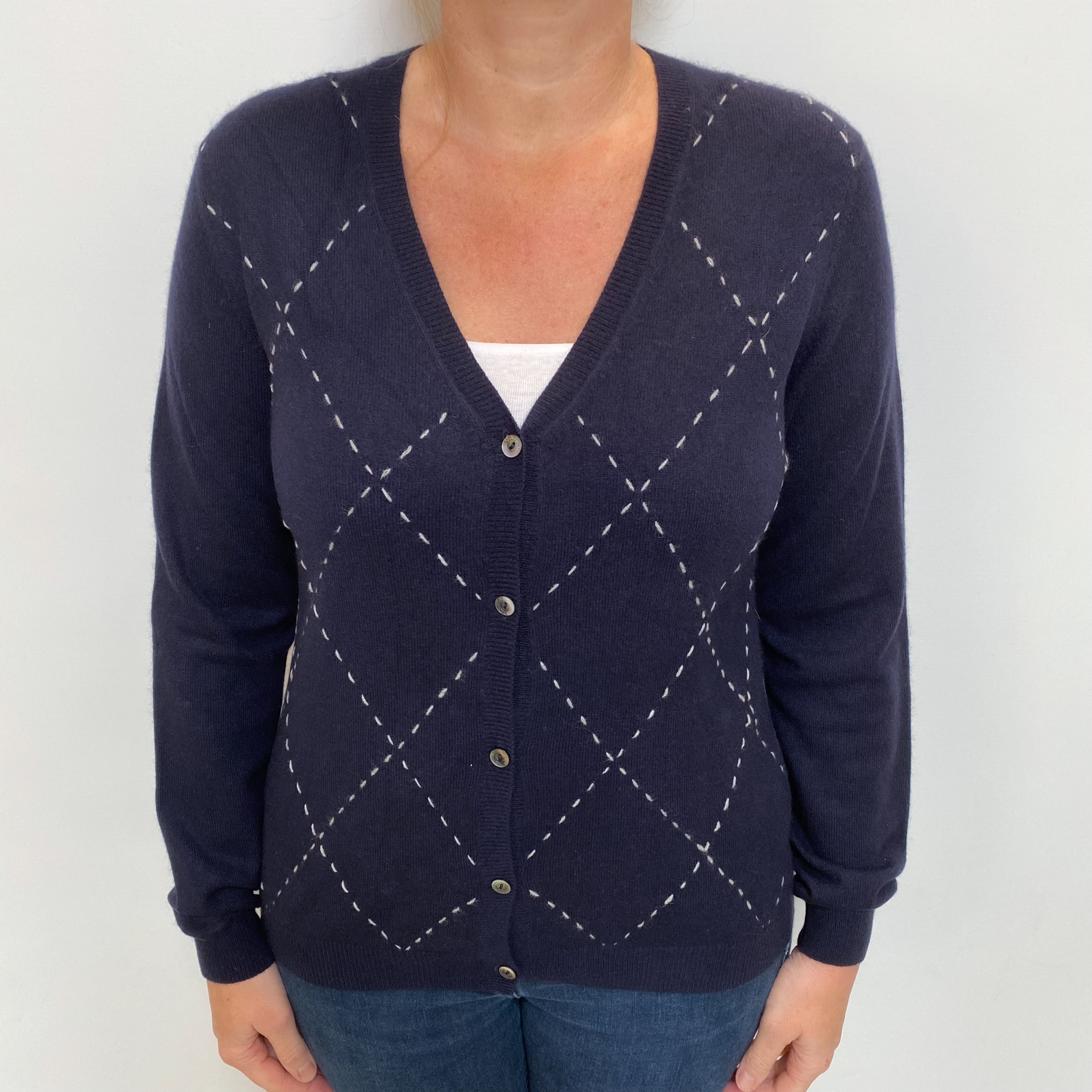 Navy Checked Cashmere V Neck Cardigan Large