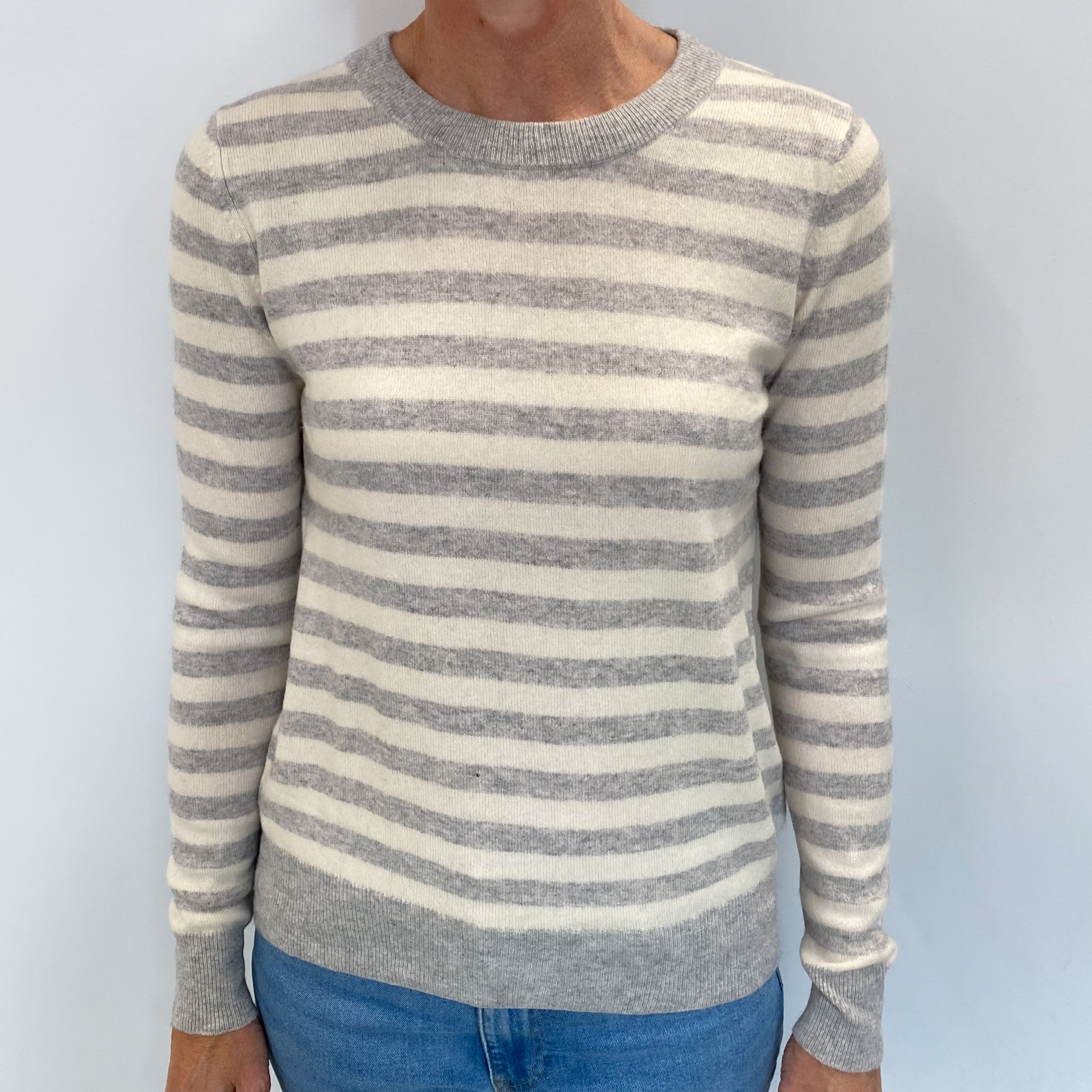Grey And Cream Stripe Cashmere Crew Neck Jumper Small