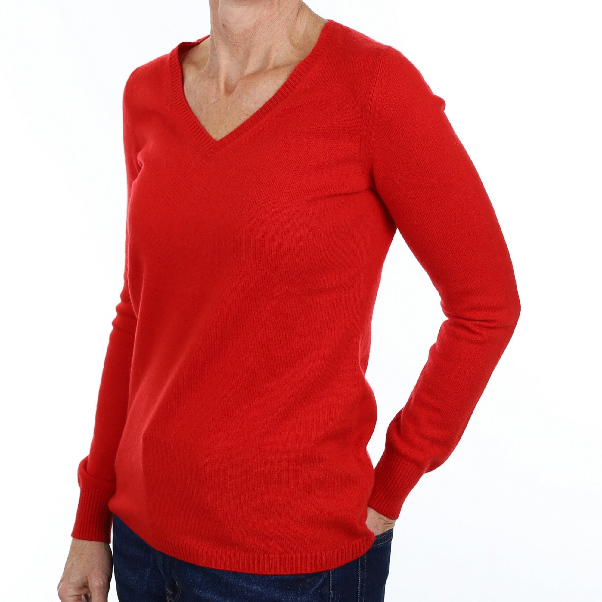 Scarlet Red Cashmere V Neck Jumper Small