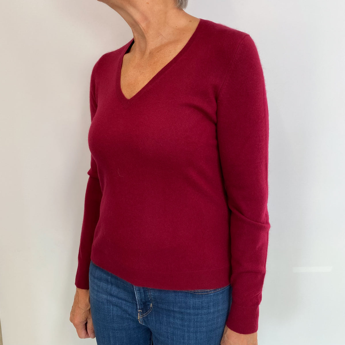 Burgundy Red Cashmere V Neck Jumper Medium