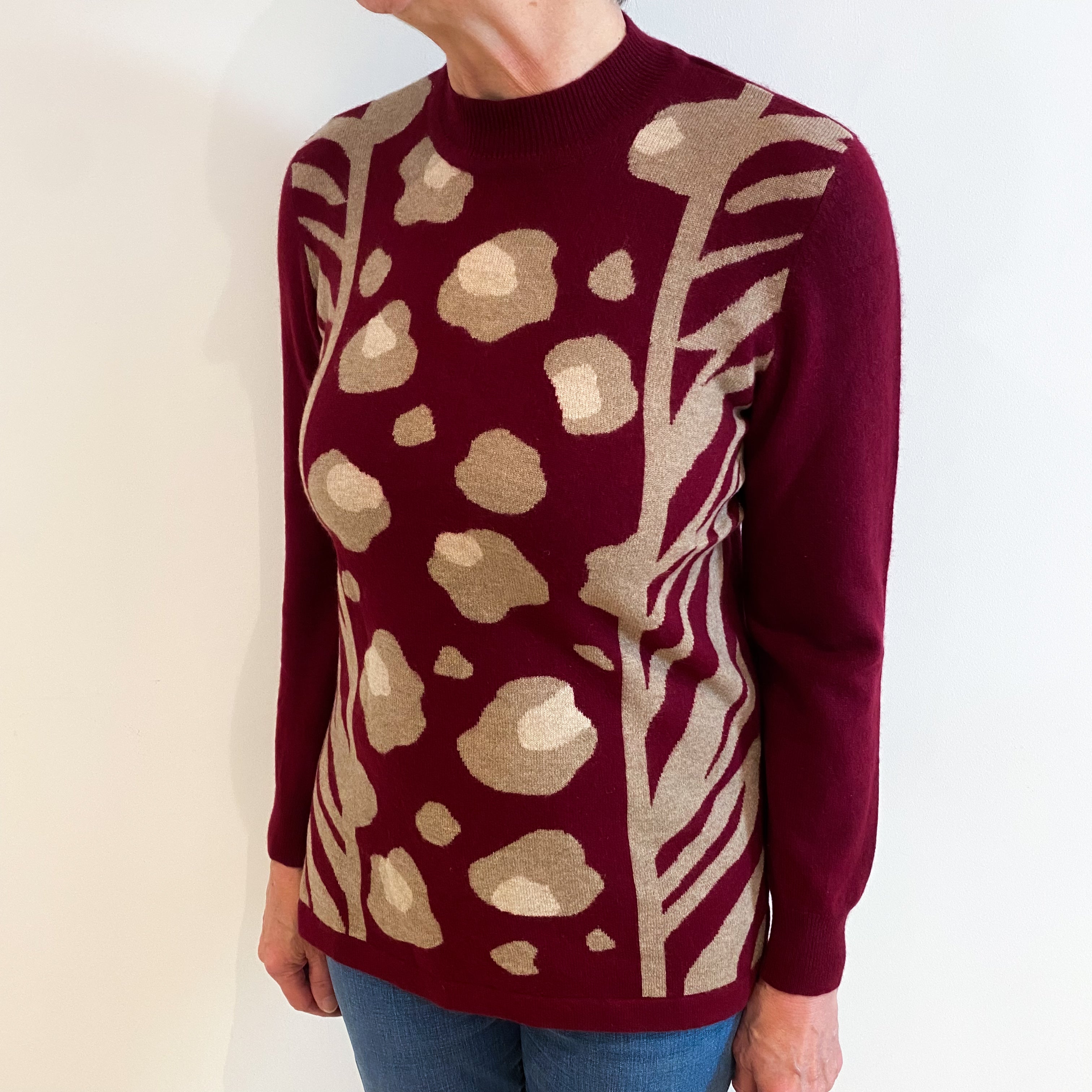 Burgundy Red Patterned Cashmere Turtle Neck Jumper Medium
