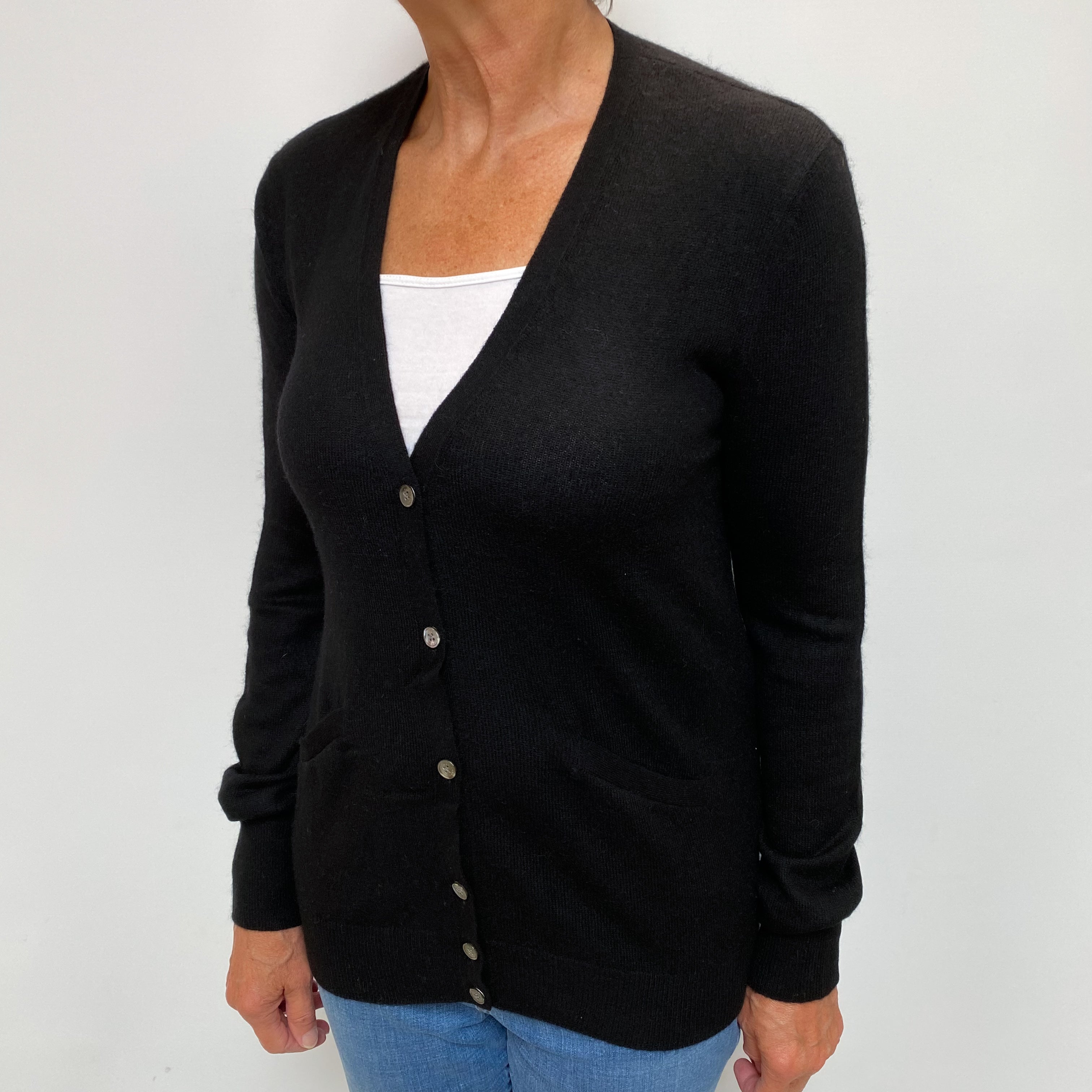 Black Cashmere V Neck Cardigan Medium