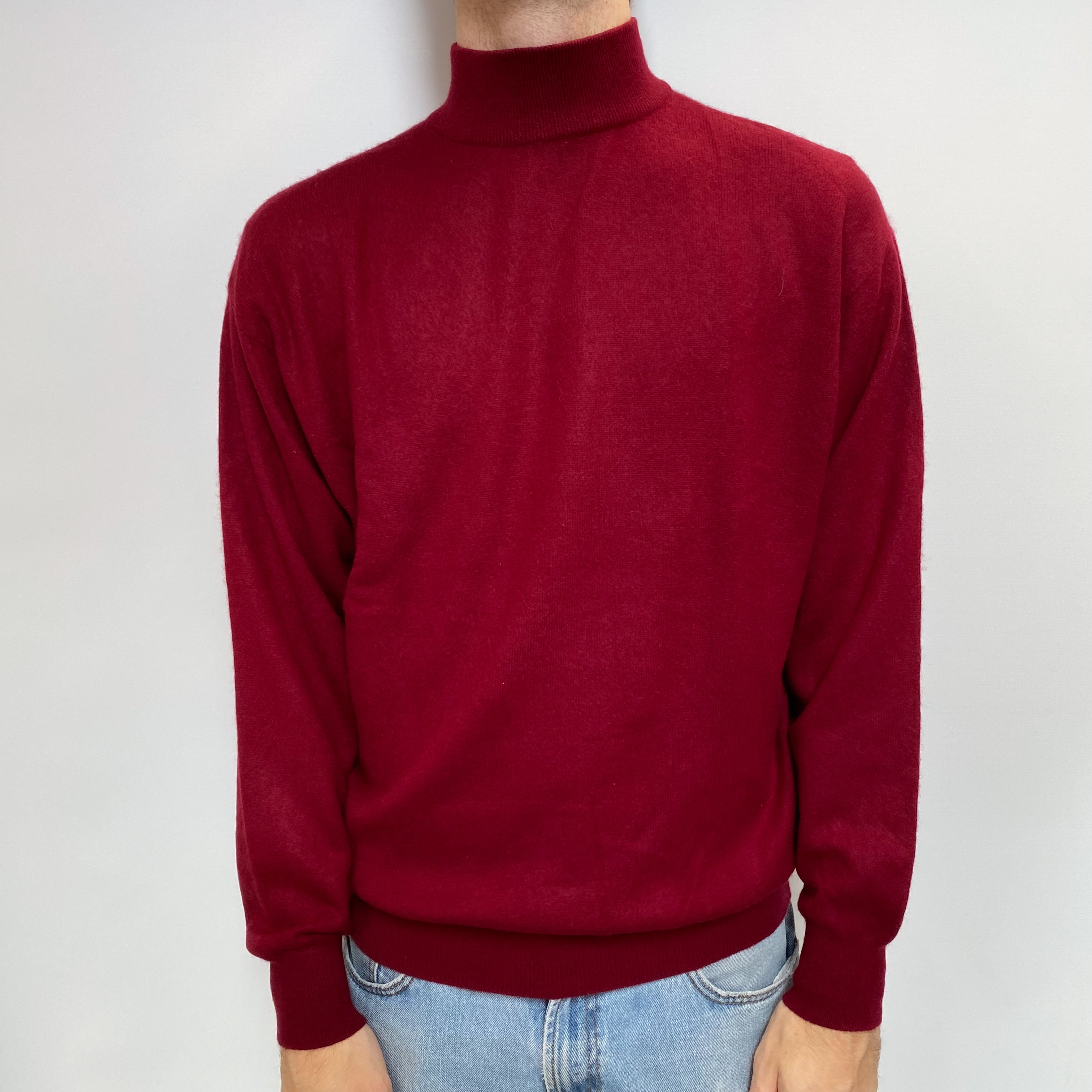 Men's Burgundy Red Cashmere Turtle Neck Jumper Large
