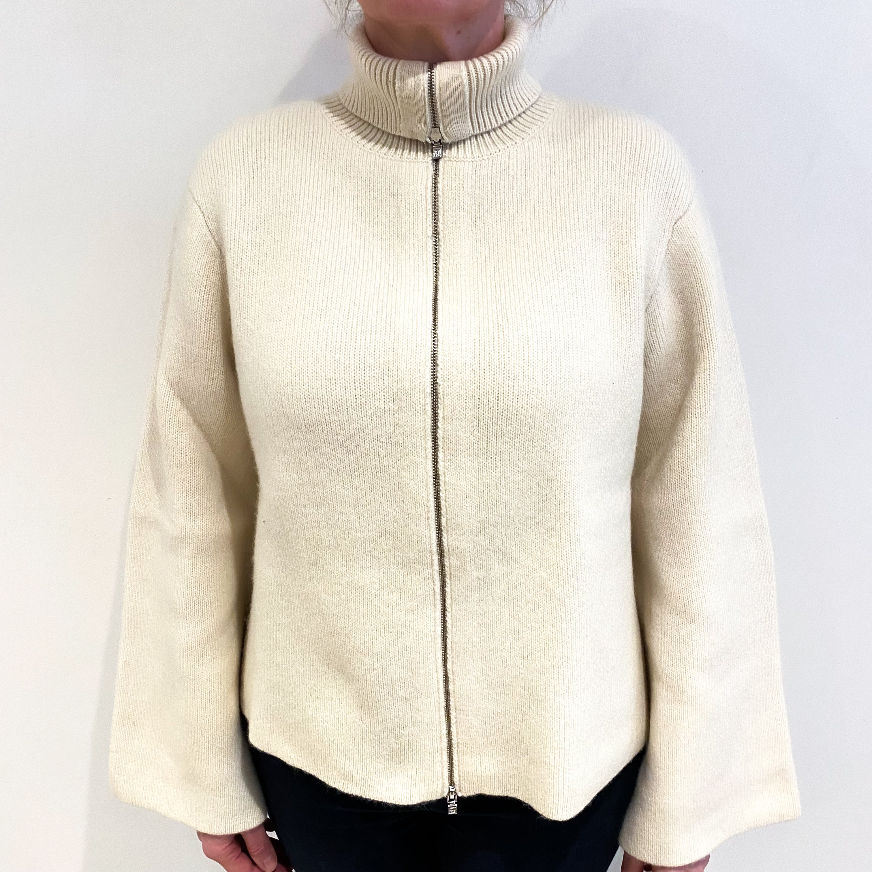 Toteme Cream Cashmere Zip Up Collared Cardigan Large