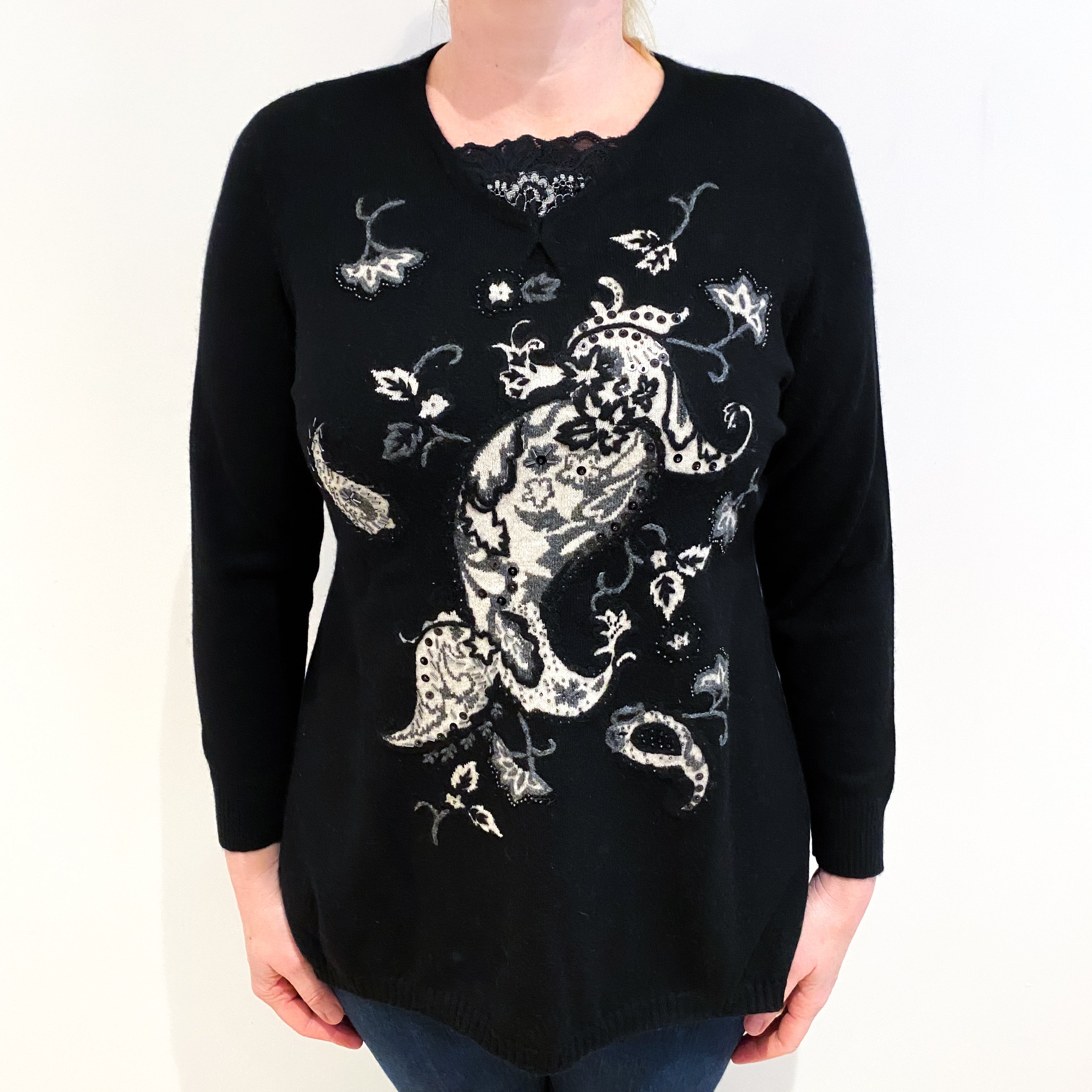 Black Paisley Design With Beading Cashmere V Neck Jumper Large