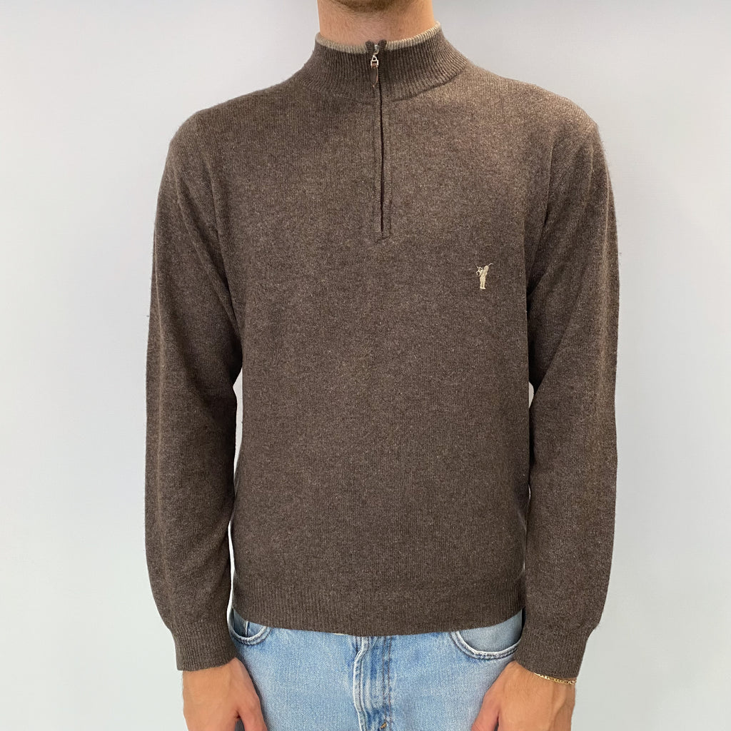 Men's Mole Brown Cashmere 1/4 Zip Neck Jumper Medium