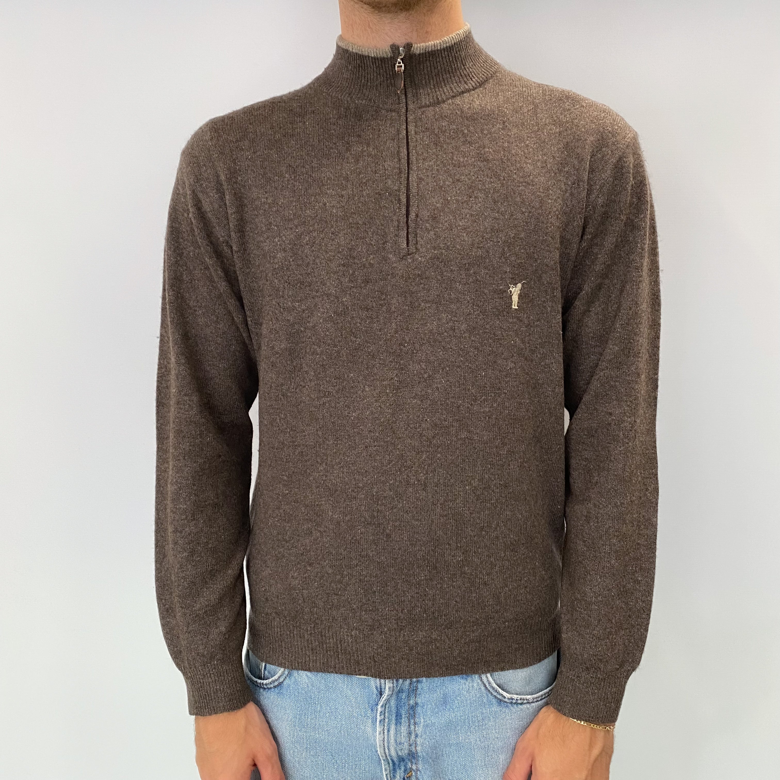 Men's Mole Brown Cashmere 1/4 Zip Neck Jumper Medium