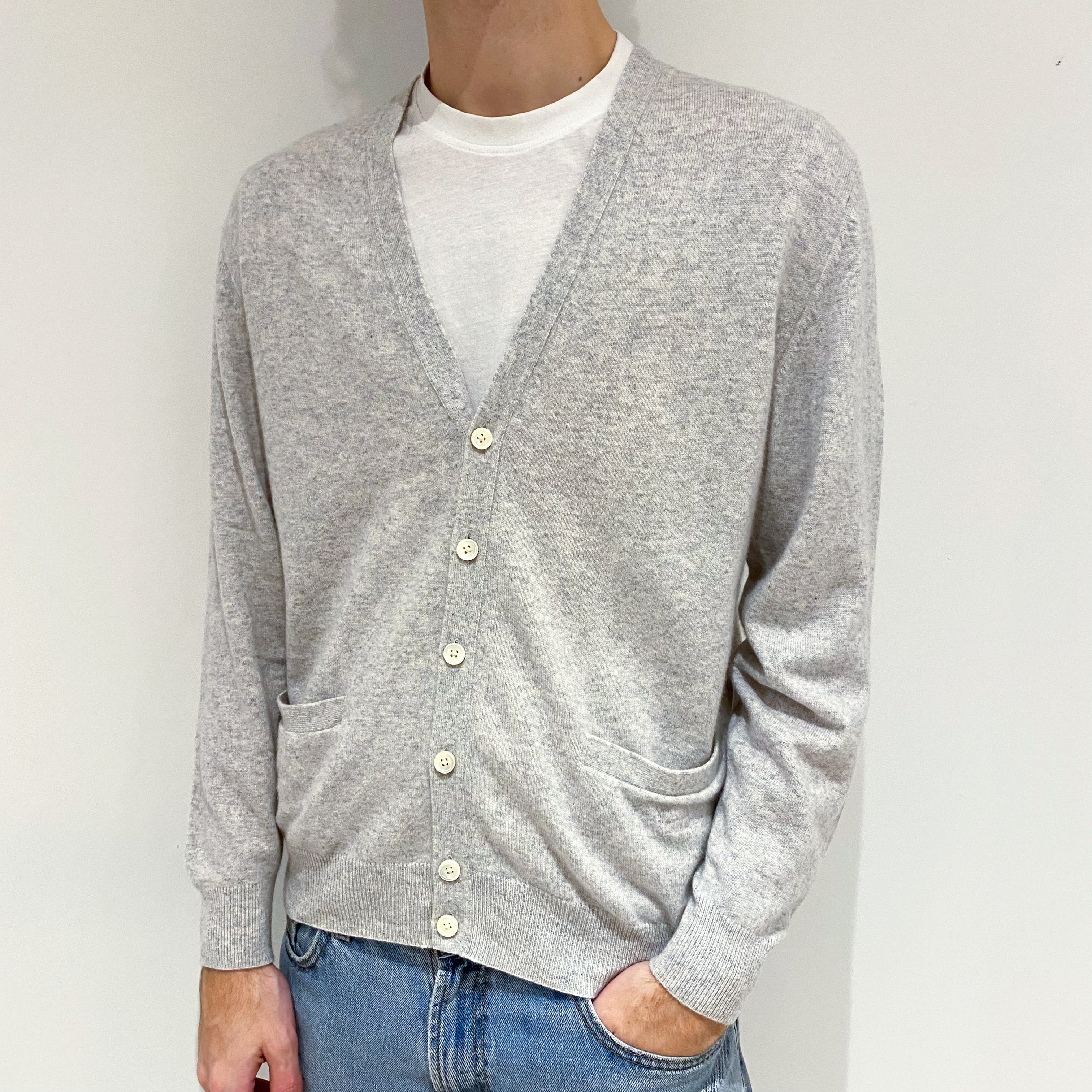 Men's Mist Grey Cashmere V-Neck Cardigan with Pockets Large