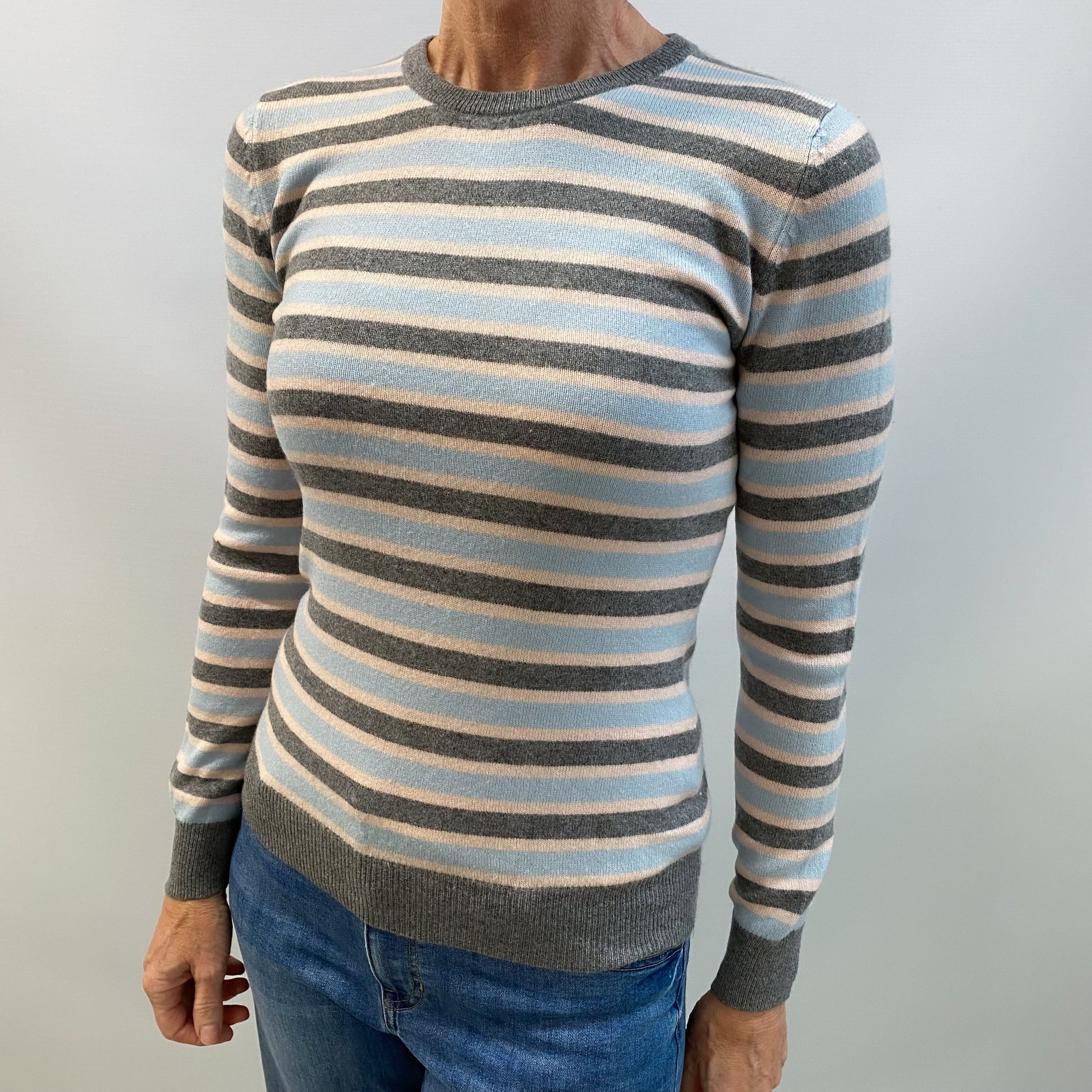Grey and Blue Striped Cashmere Crew Neck Jumper Small
