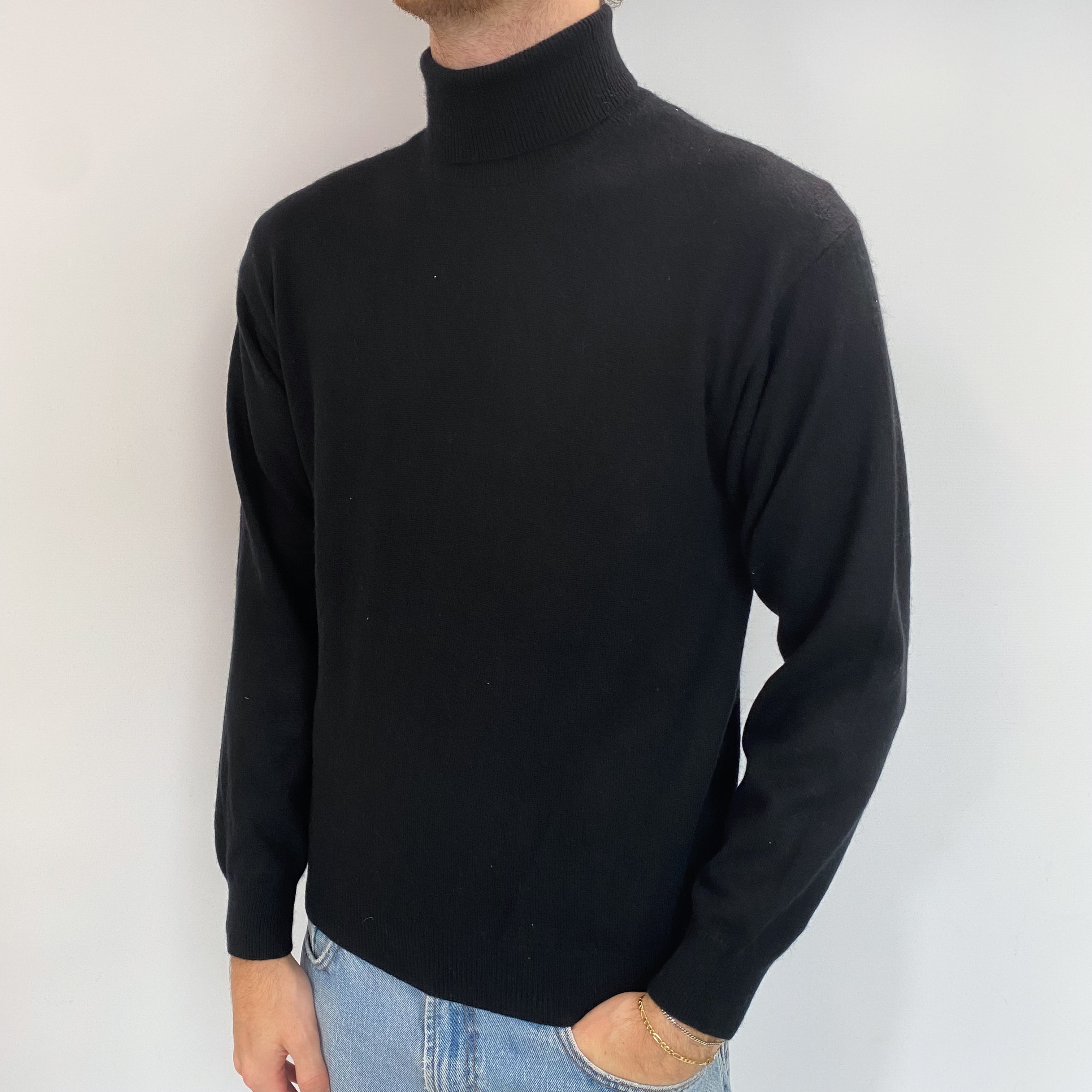 Men's Black Cashmere Polo Neck Jumper Medium