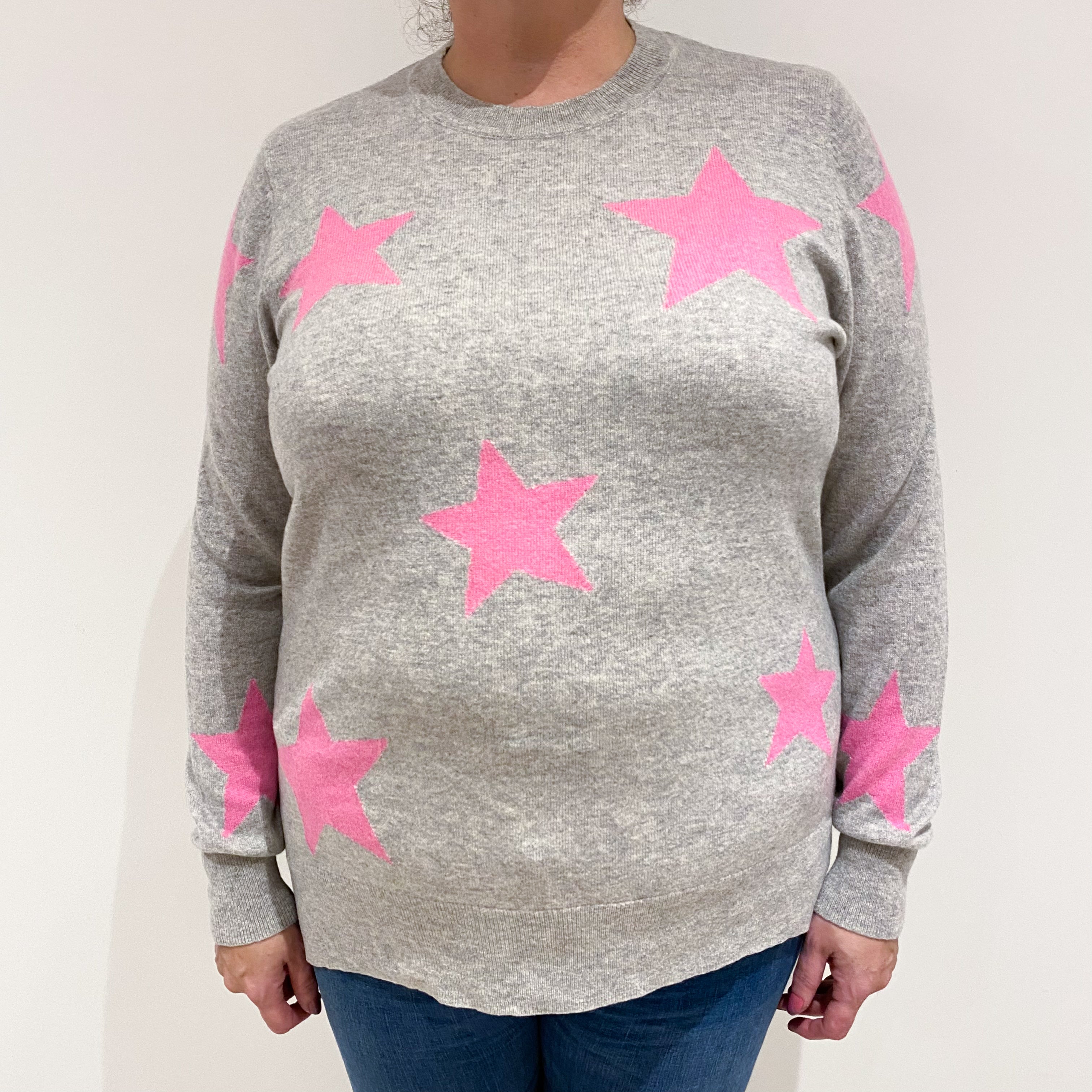 Smoke Grey Star Patterned Cashmere Crew Neck Jumper Extra Large