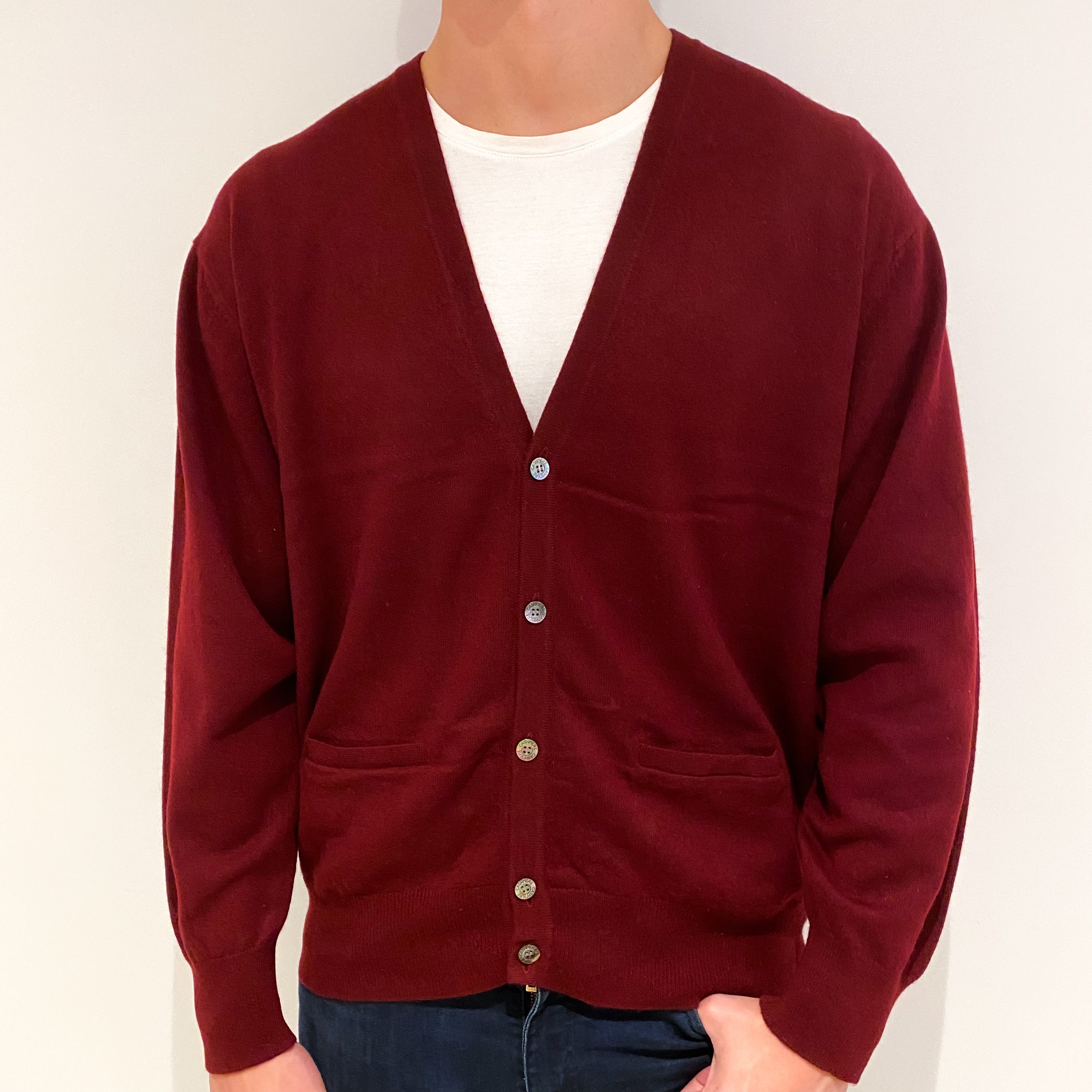 Men's Burgundy Red Cashmere V-Neck Cardigan Extra Extra Large