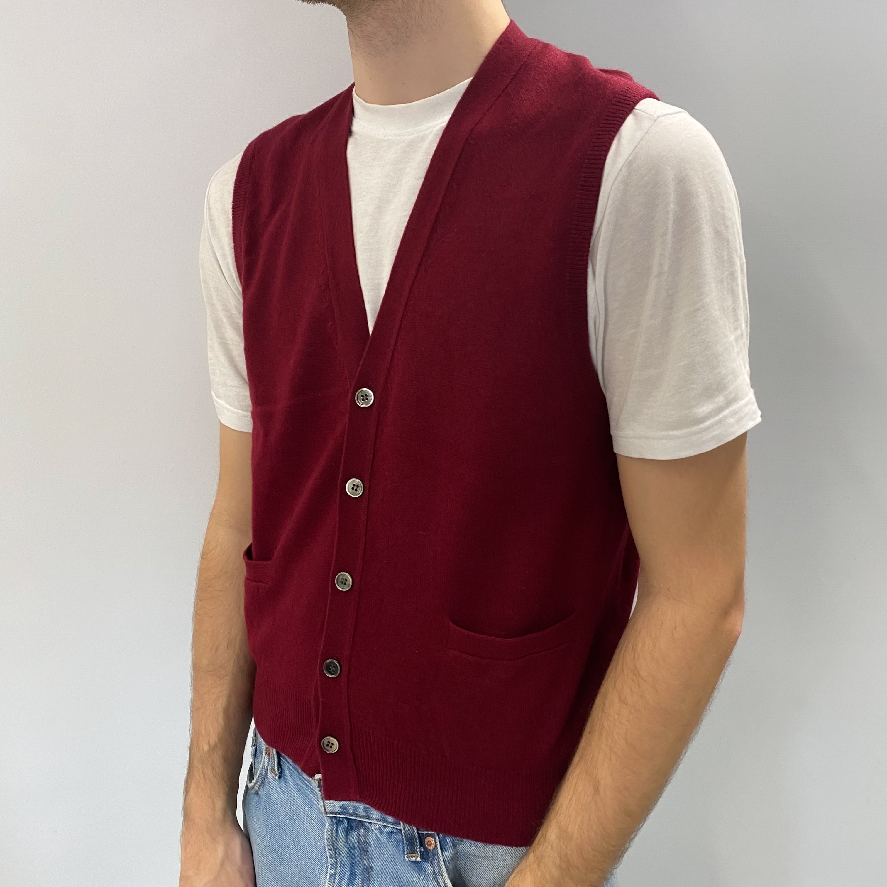 Men's Burgundy Red Cashmere V Neck Sleeveless Cardigan Medium