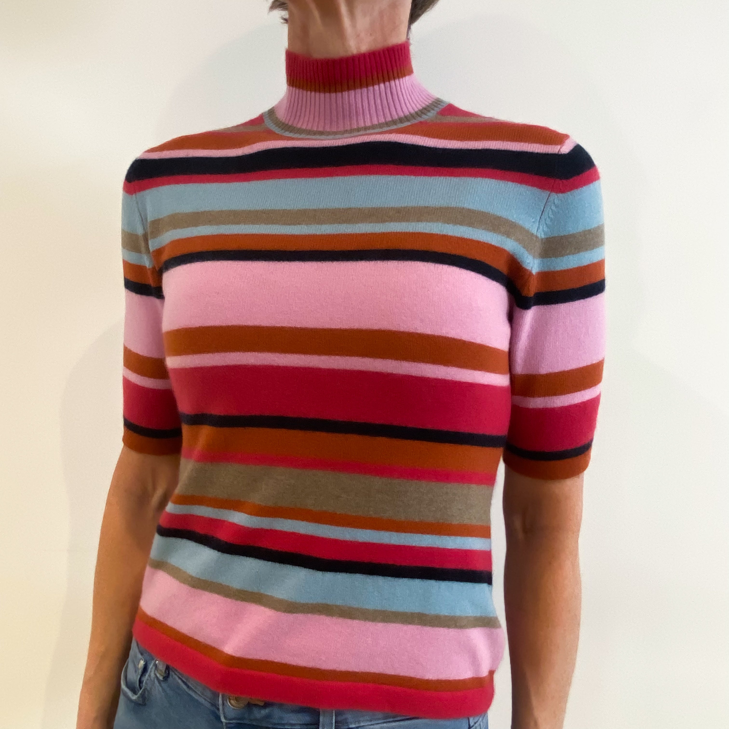 Pink Striped Cashmere Short Sleeved Turtle Neck Jumper Small