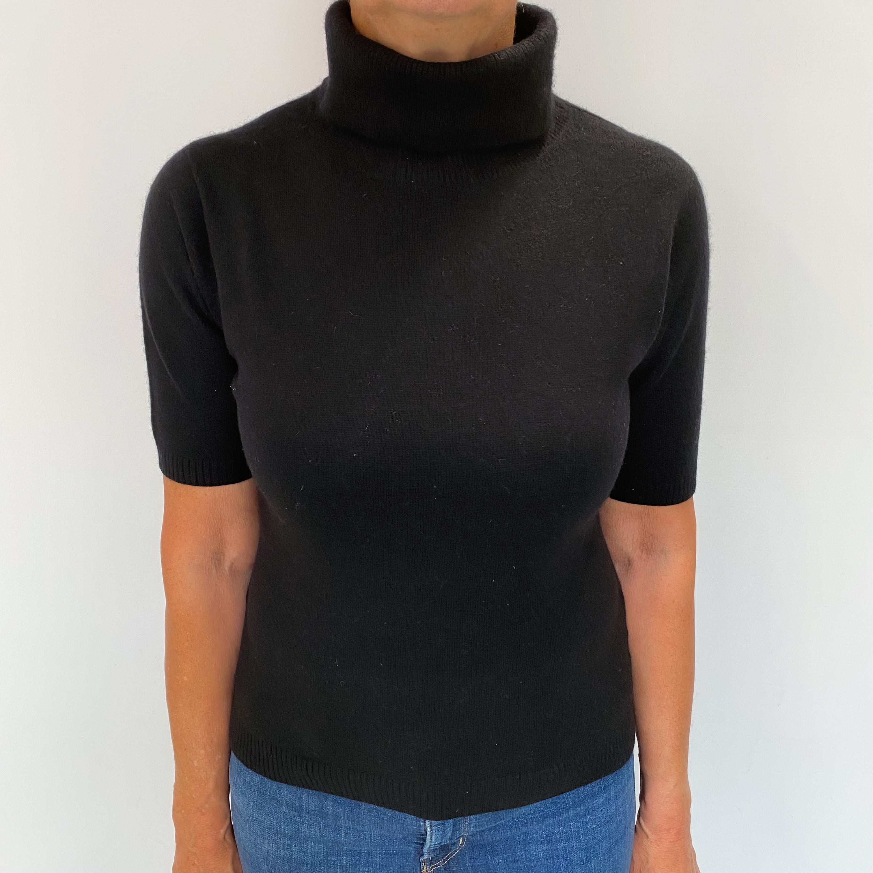 Black Cashmere Short Sleeved Polo Neck Jumper Medium