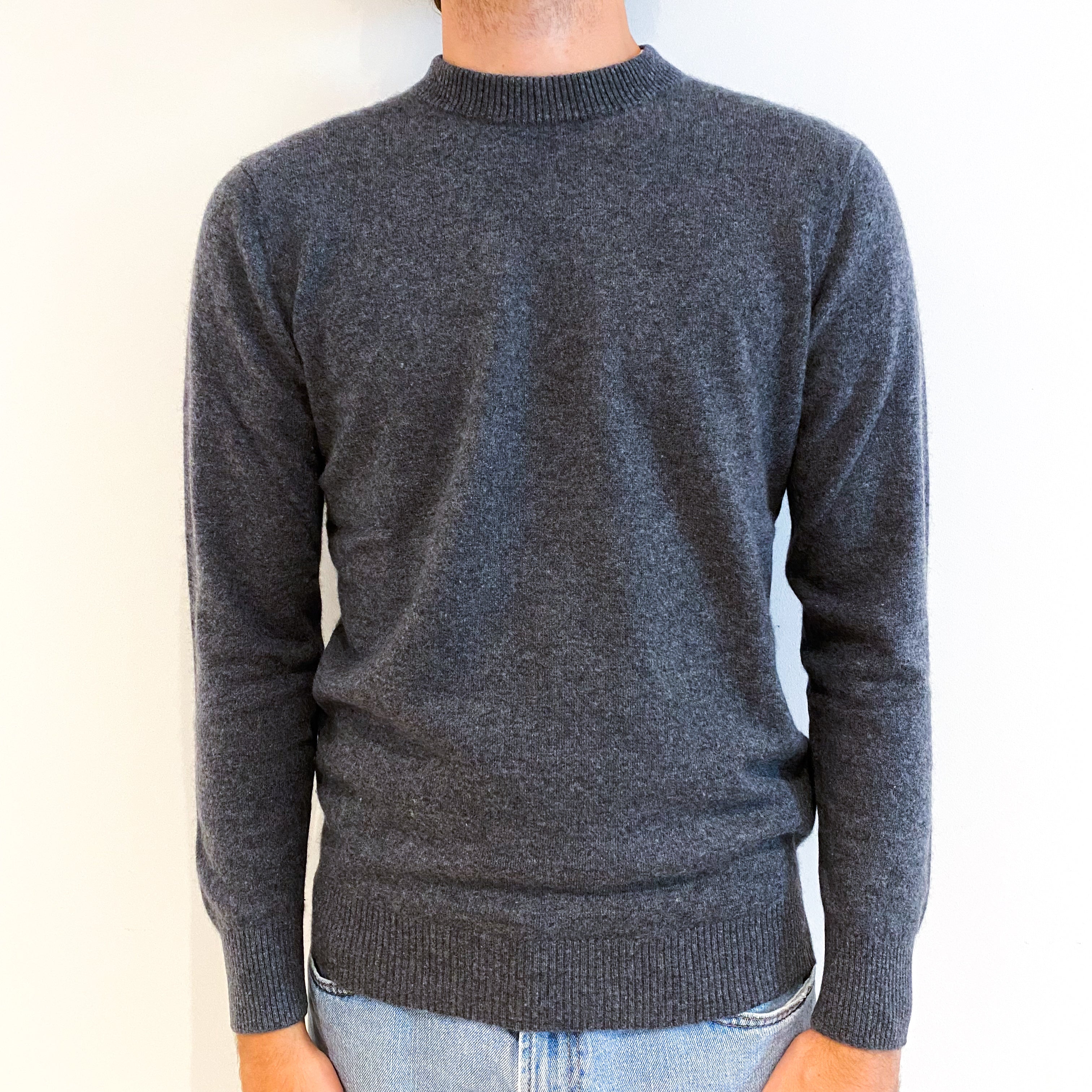 Men's Charcoal Grey Cashmere Crew Neck Jumper Large