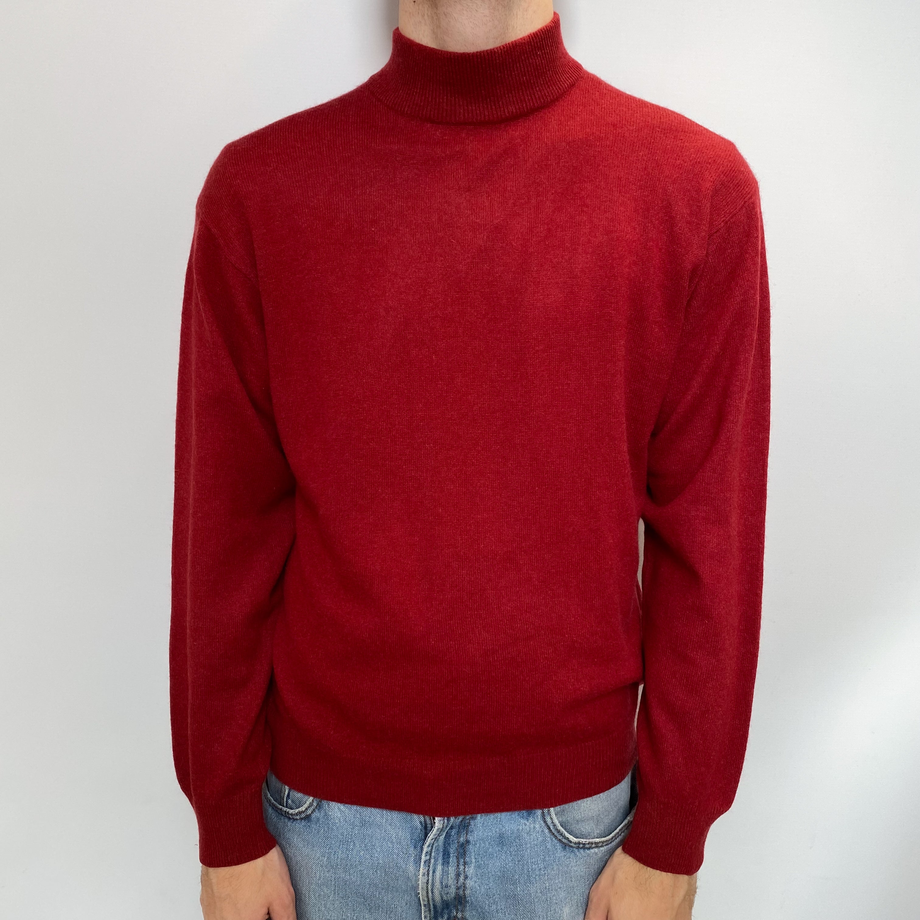 Men's Brick Red Cashmere Turtle Neck Jumper Large