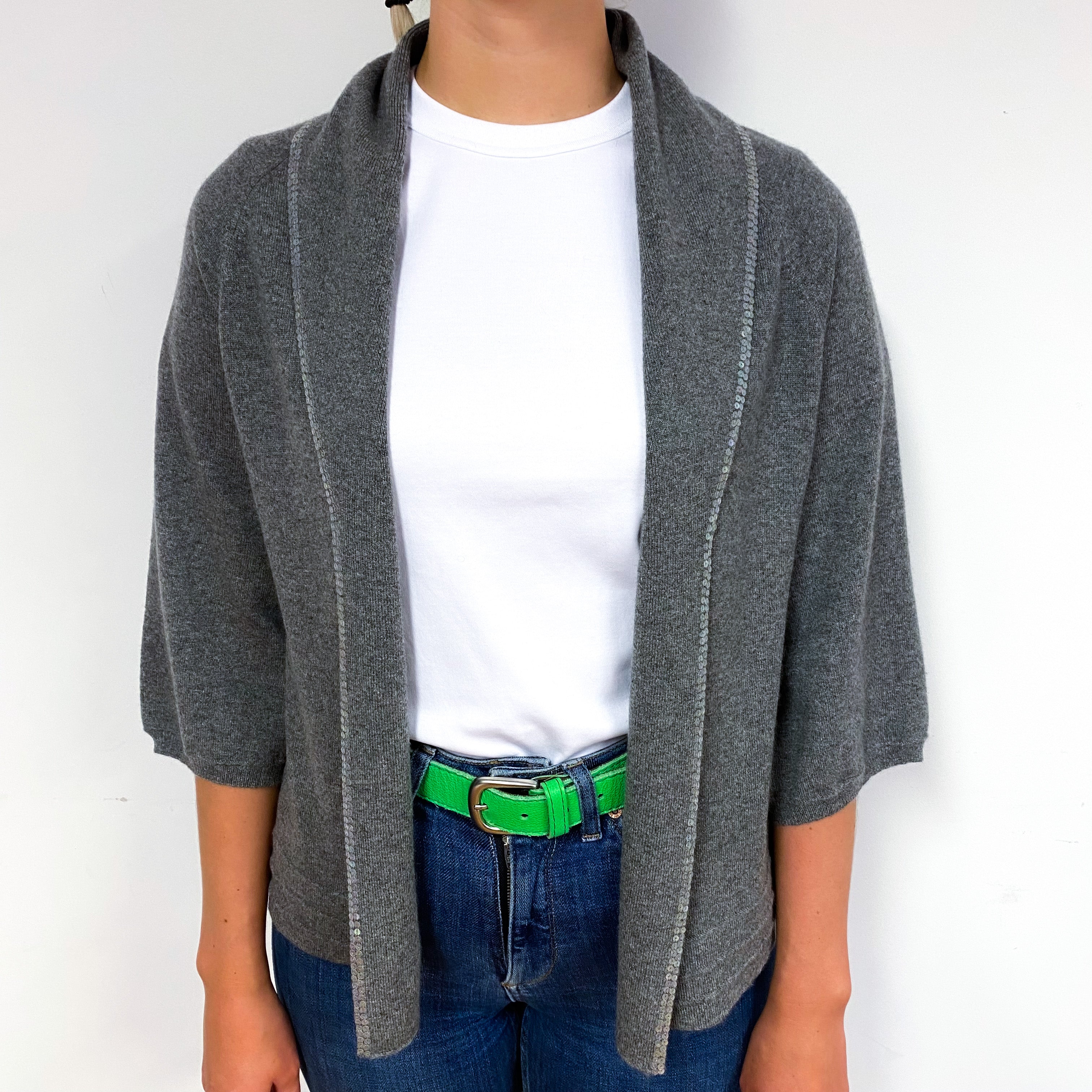Slate Grey Sequin Edge Cashmere Edge to Edge Cardigan Small