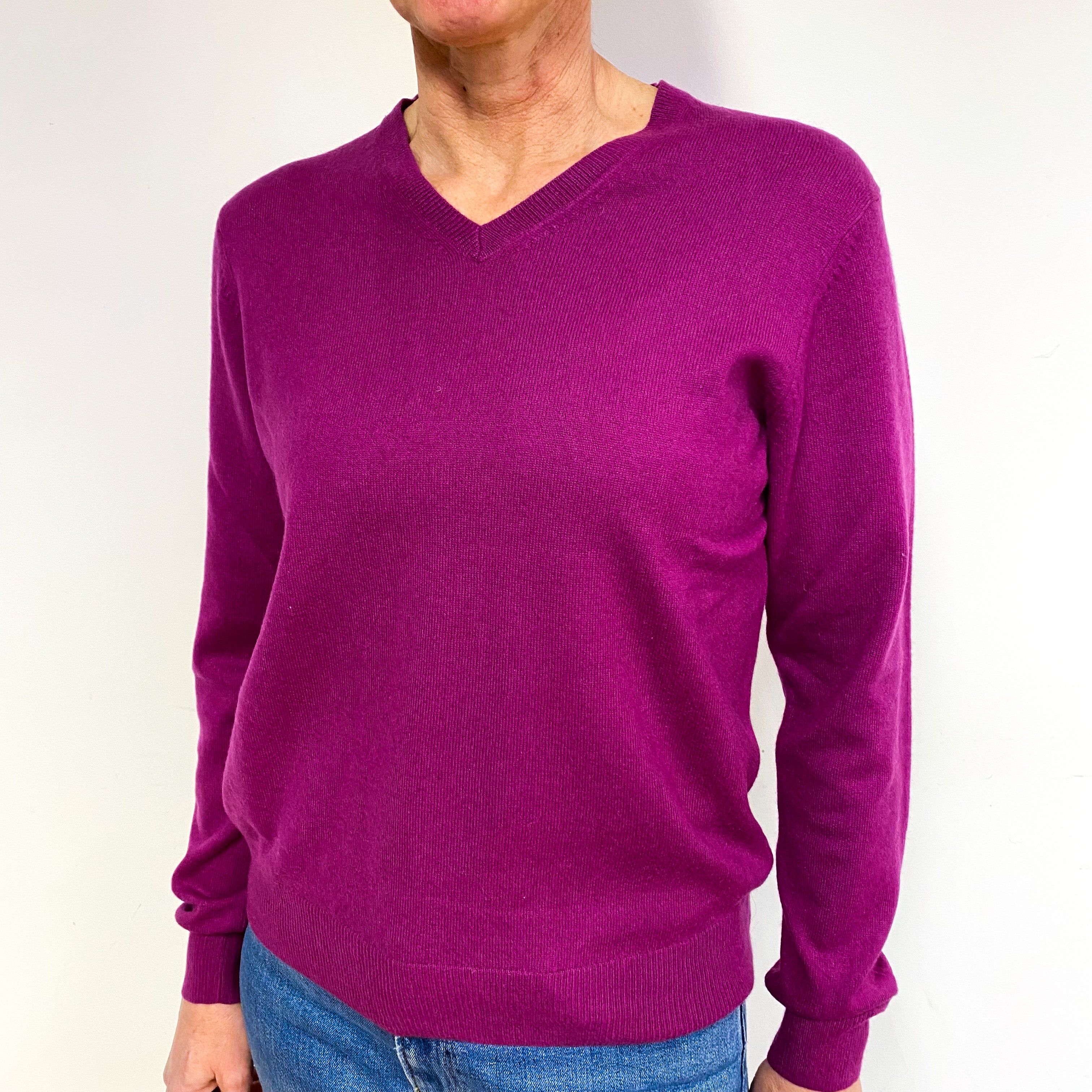 Magenta Pink Cashmere V-Neck Jumper Medium
