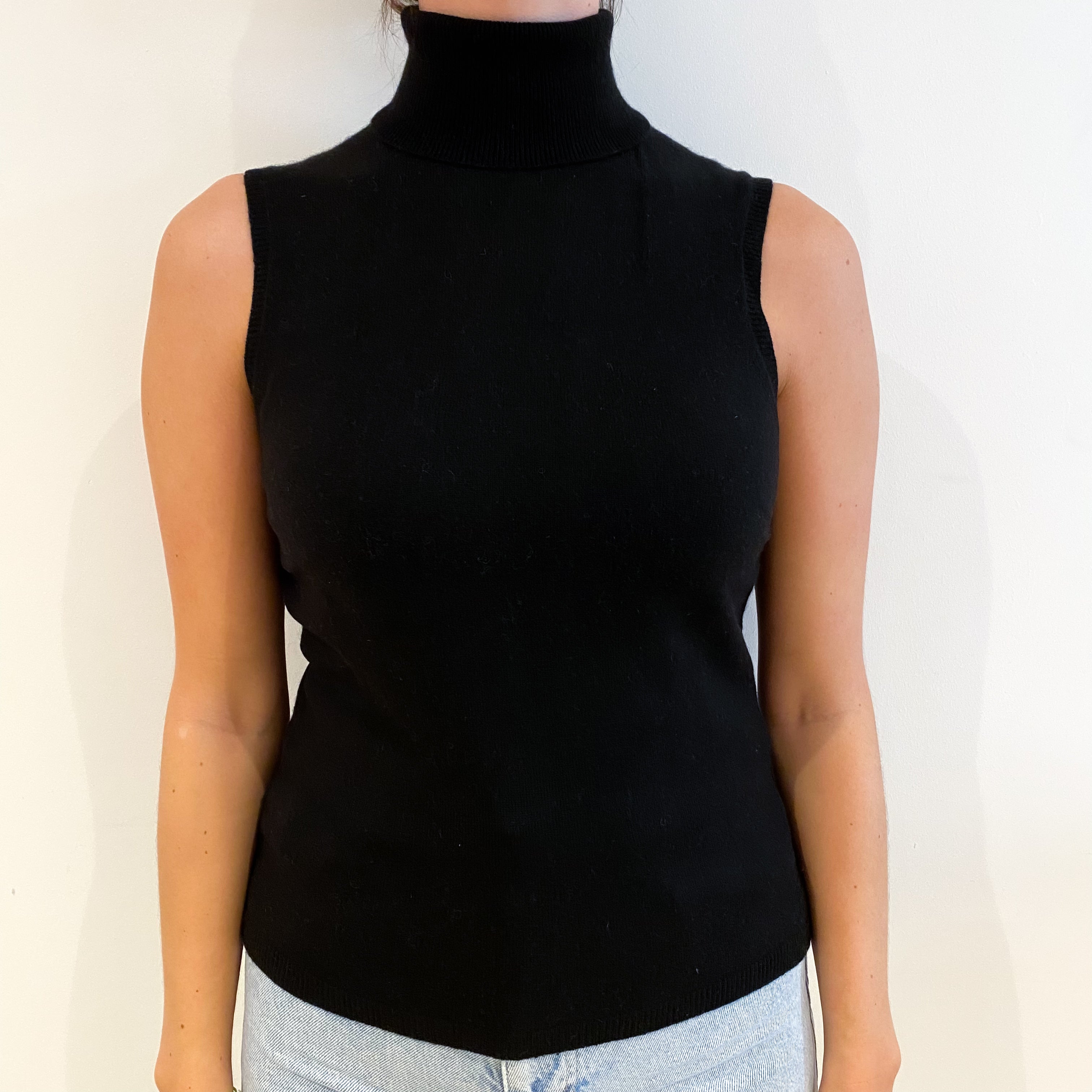 Black Cashmere Polo Neck Sleeveless Jumper Small