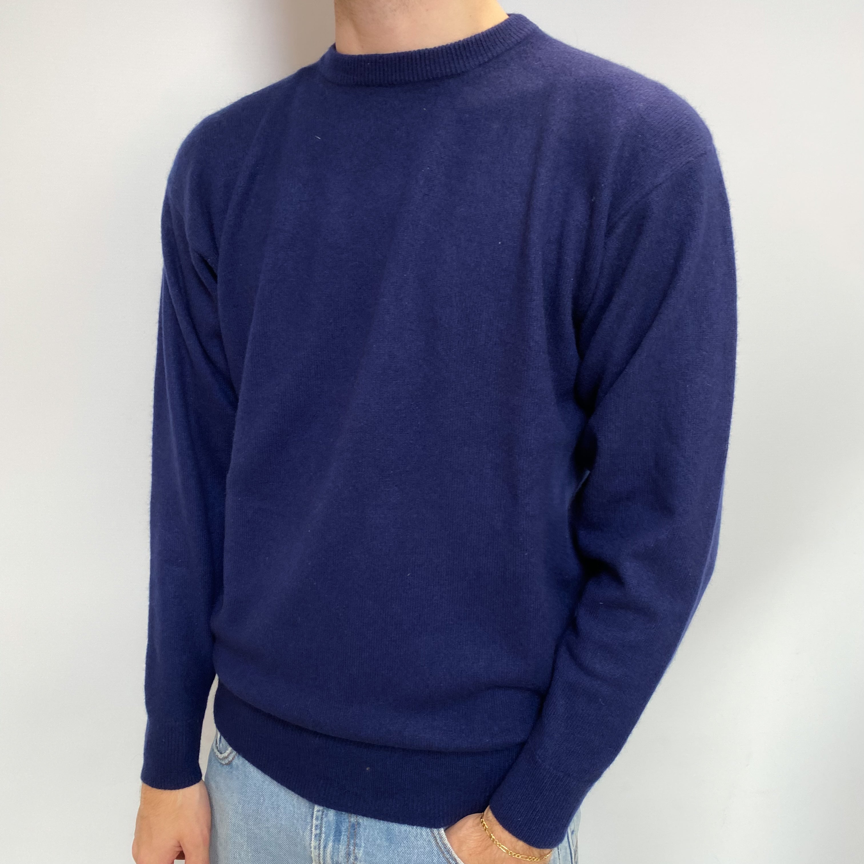 Men's Navy Blue Cashmere Crew Neck Jumper Large
