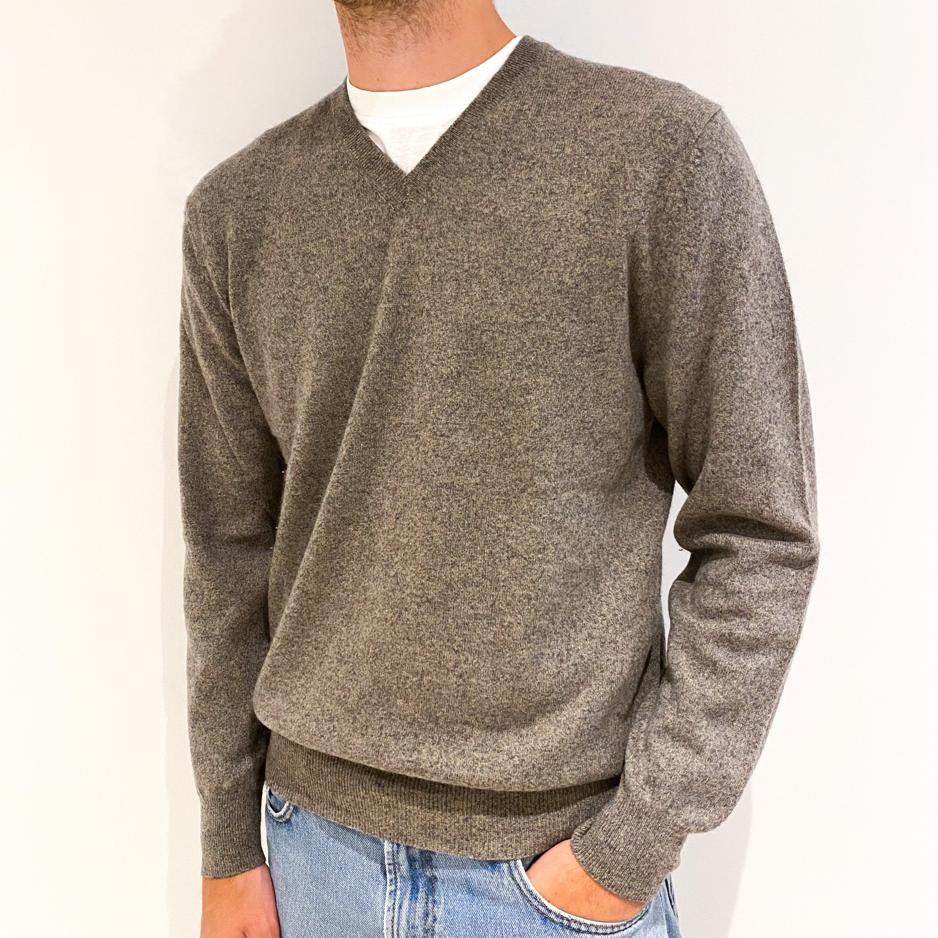 Men's Grey Marl Cashmere V-Neck Jumper Medium