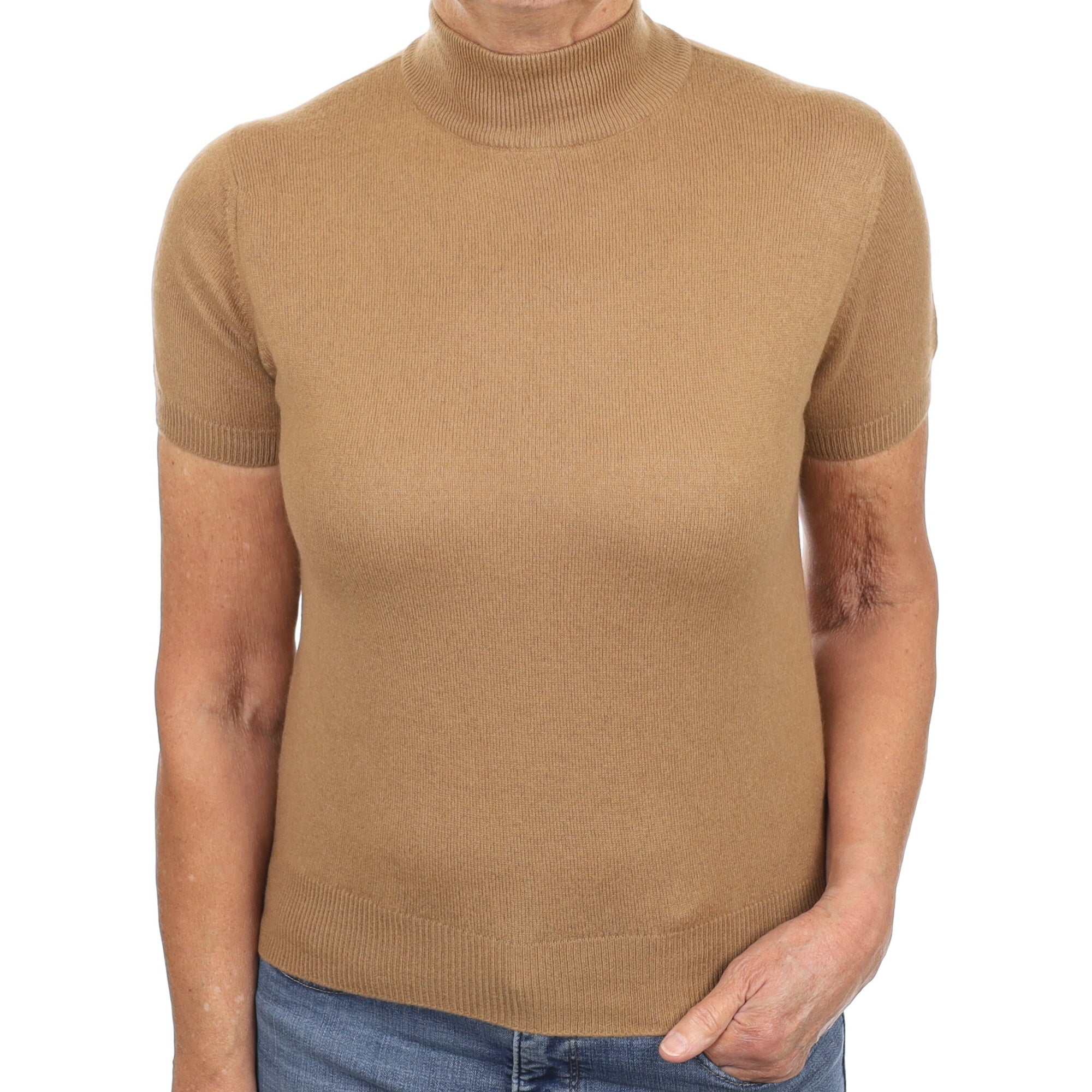 Caramel Brown Cashmere Turtle Neck Short Sleeved Jumper Medium