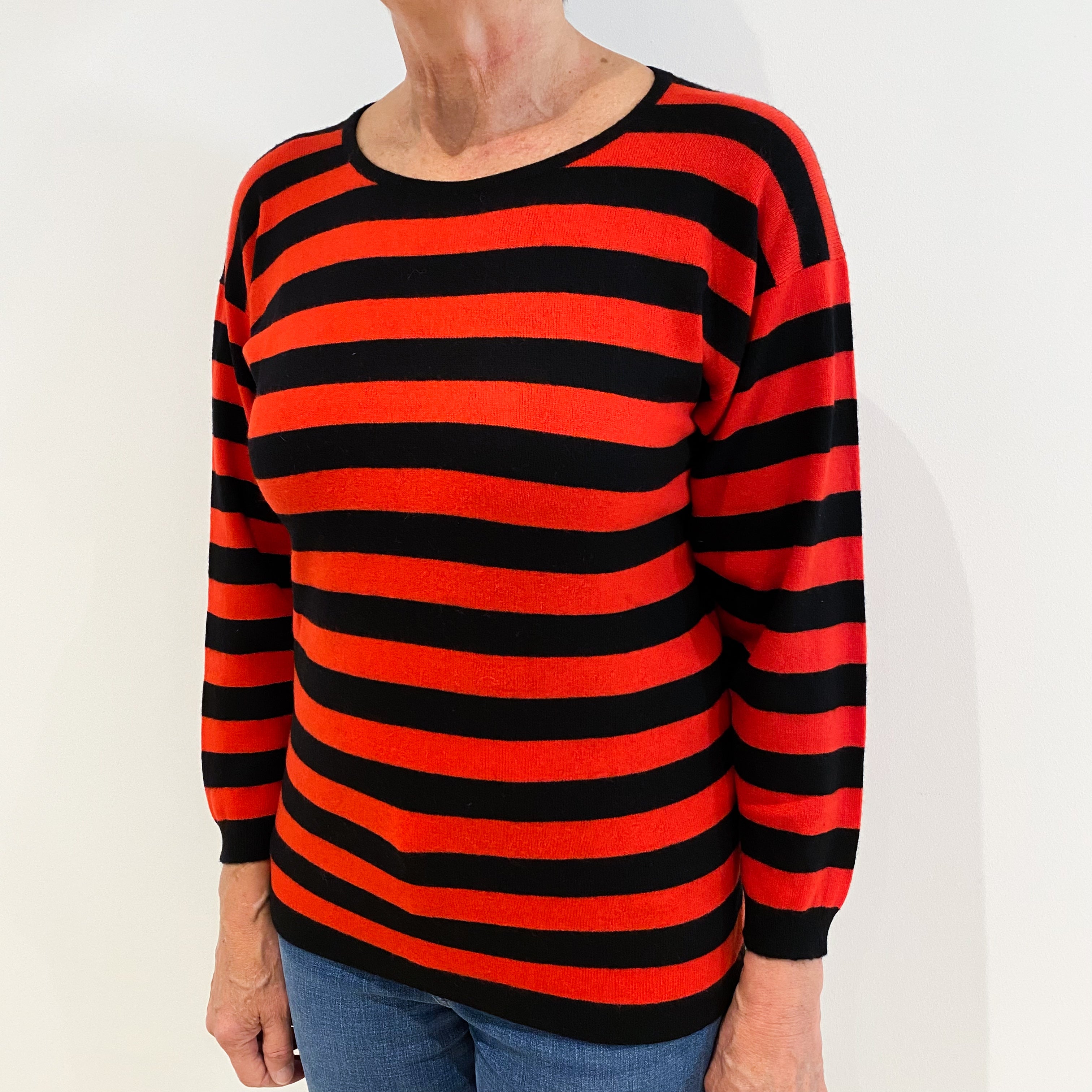 Vintage Scottish Black and Red Striped Cashmere Crew Neck Jumper Medium